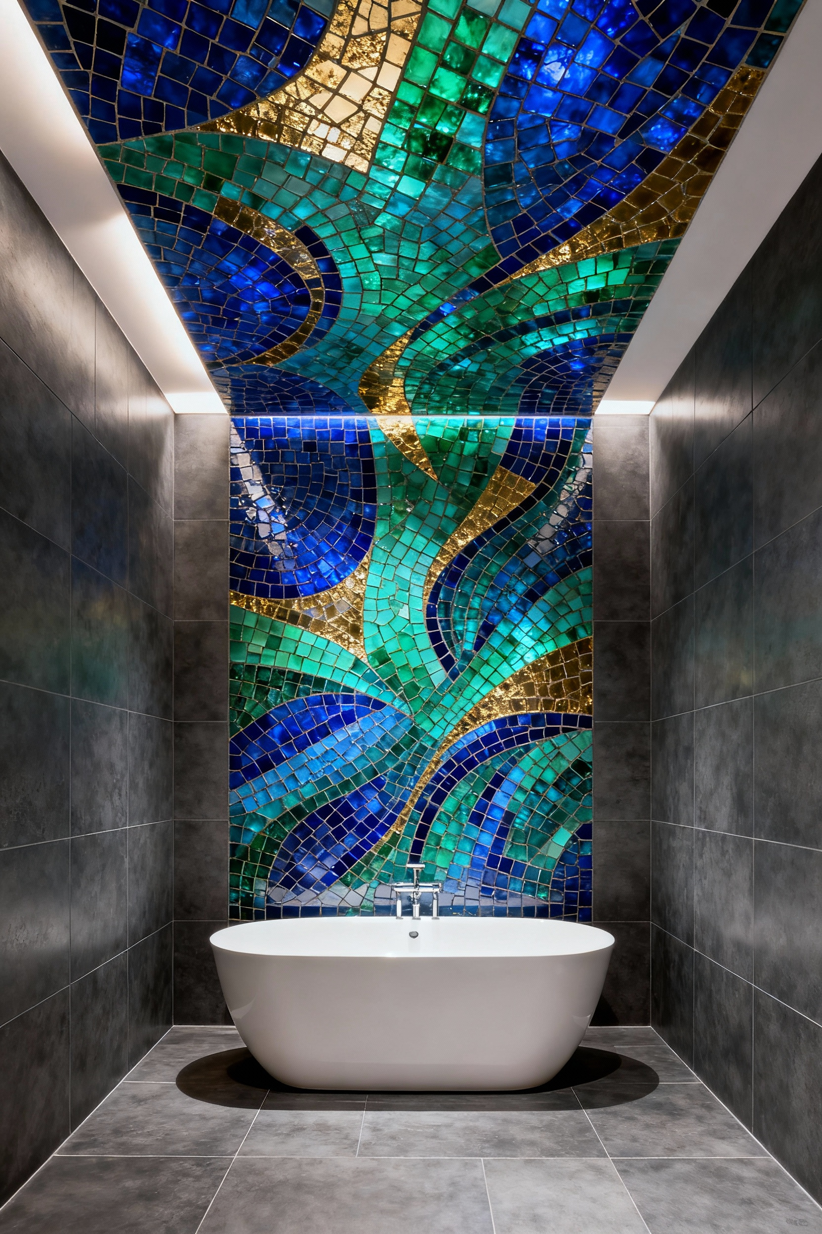 Full view of a modern luxury bathroom with a ceiling covered in an immersive, vibrant geometric mosaic tile pattern of blue, green, and gold, designed like an art installation.