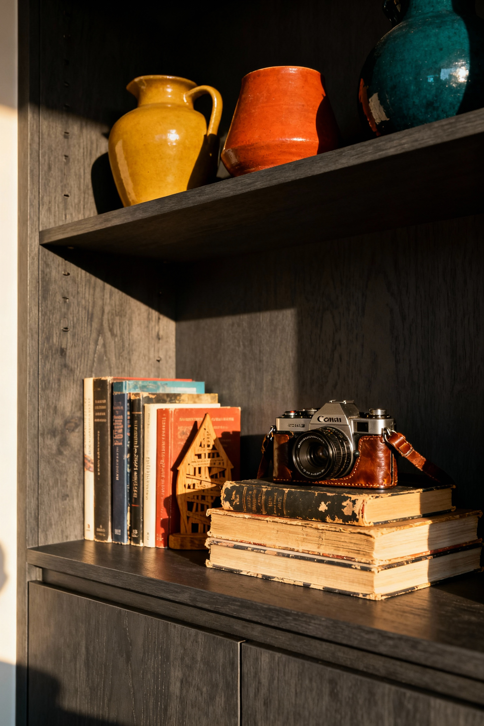 A stylishly curated bookshelf displaying an eclectic collection of mismatched mid-century ceramics, a vintage camera, and travel souvenirs, emphasizing negative space and authentic, 'unperfect' living room styling.