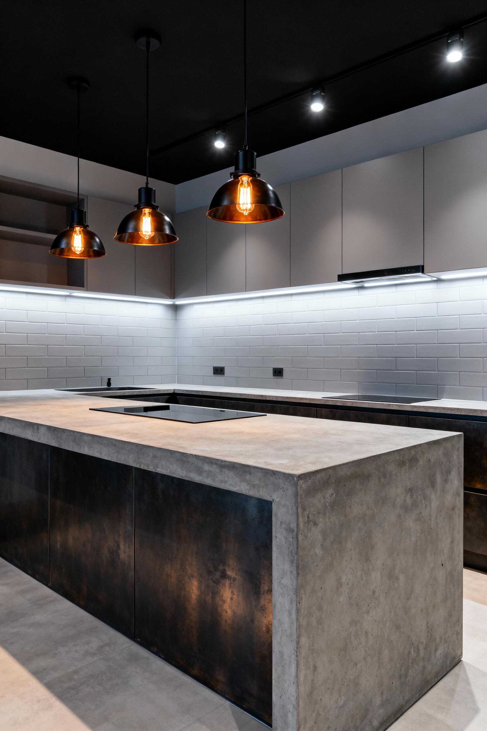An industrial kitchen featuring layered lighting design, contrasting warm exposed filament pendant bulbs over an island with high-output neutral-white recessed LED task lighting and under-cabinet strips.