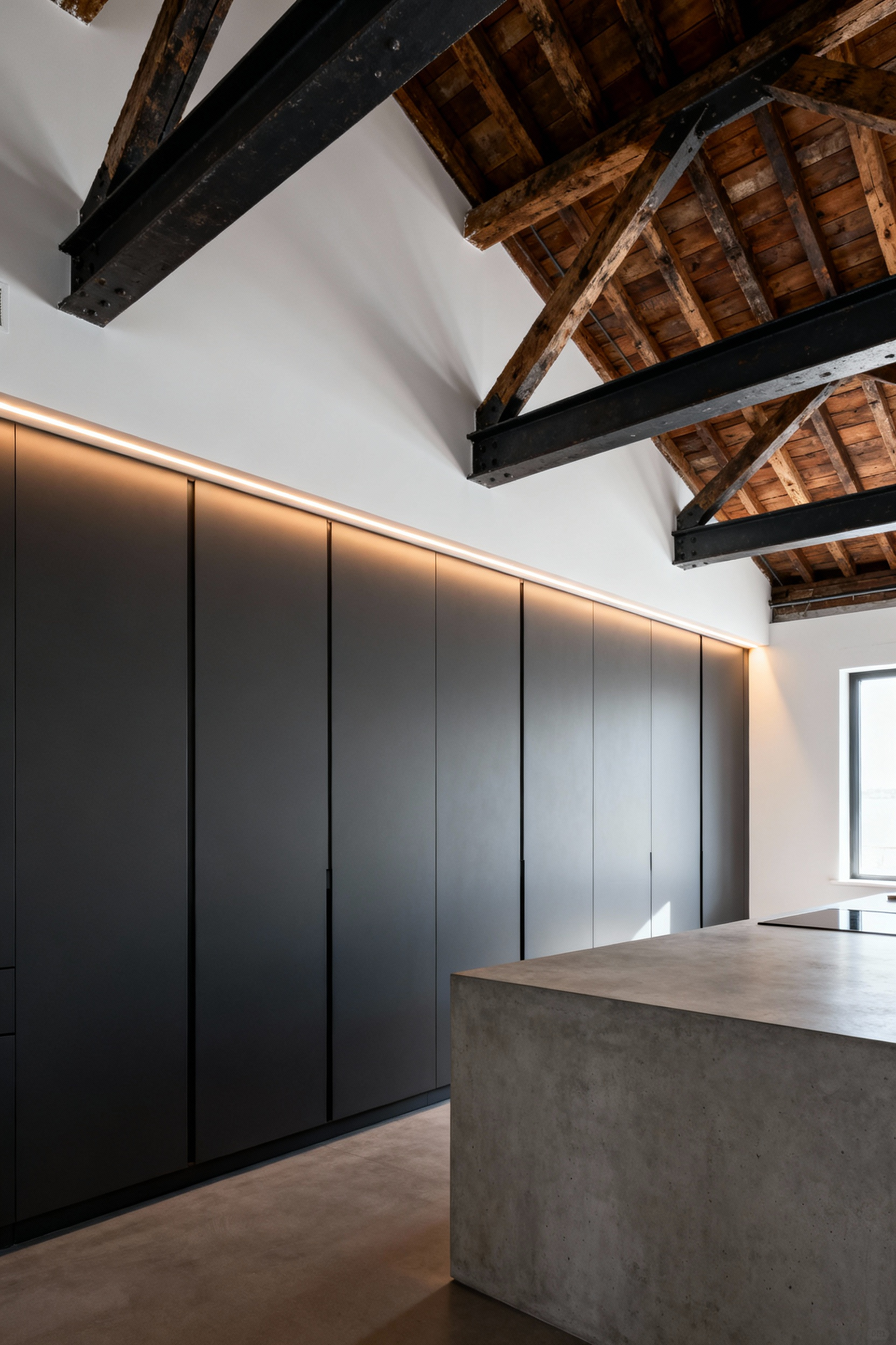Modern industrial kitchen with matte dark gray upper cabinets and high white ceiling featuring exposed steel beams, dramatically lit by hidden LED uplighting installed on the cabinet tops.