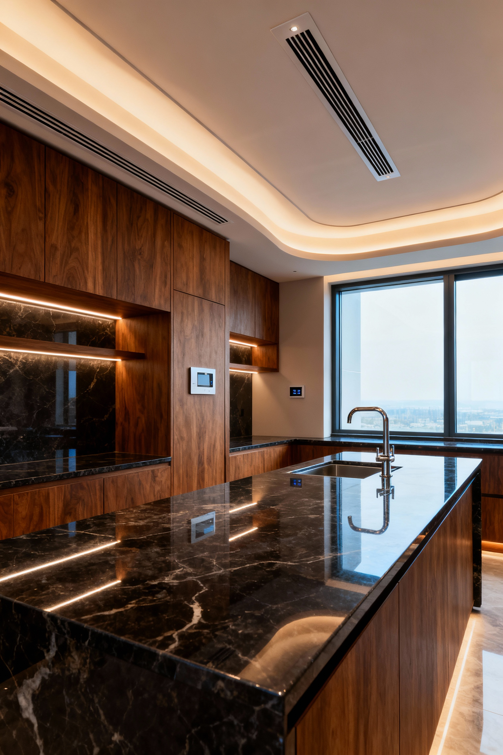 Modern luxury kitchen interior showcasing seamlessly integrated climate control and olfactory systems. The elegant space features pristine air, sophisticated lighting, and high-end finishes, reflecting advanced atmospheric regulation technology.