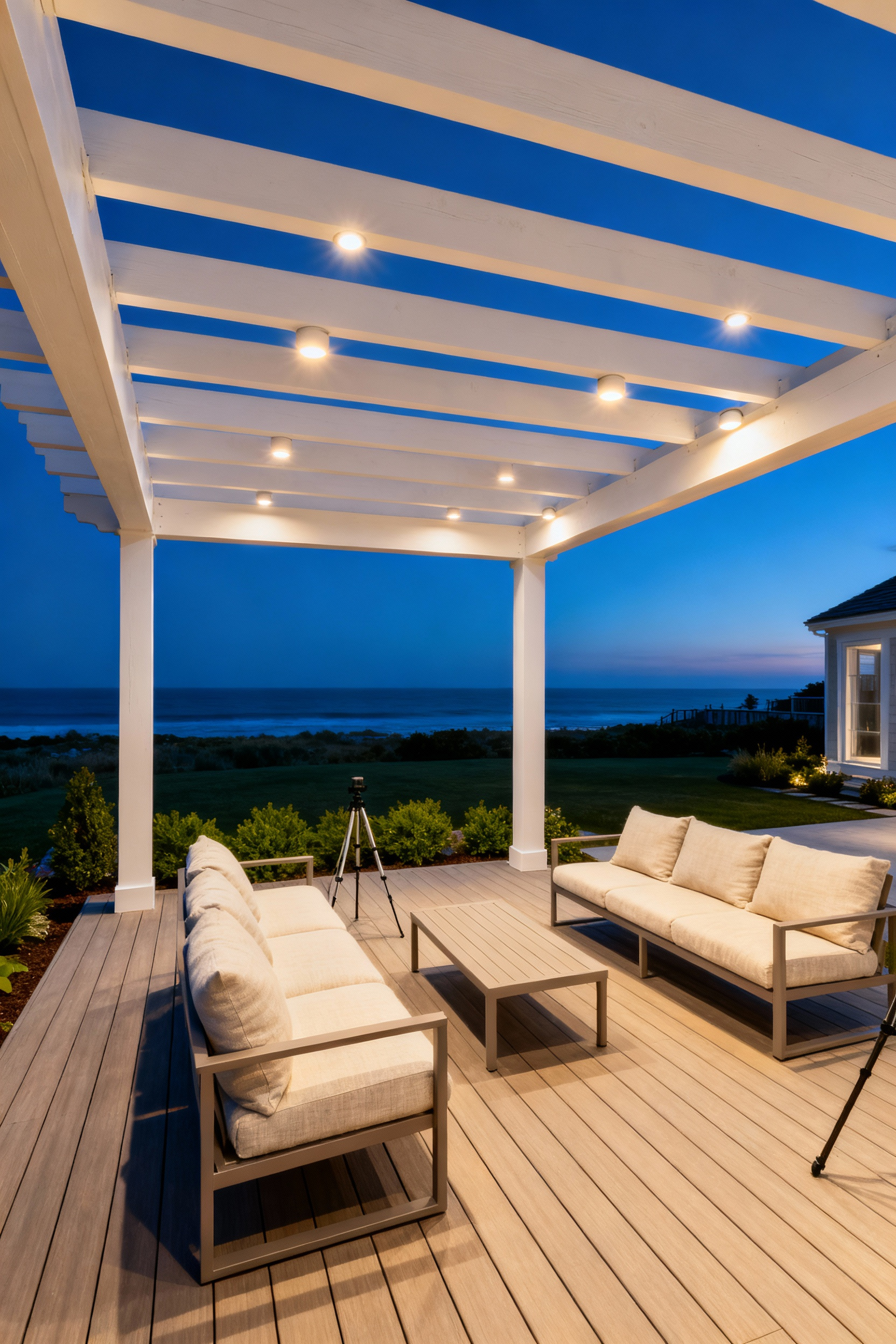 An elegant white back porch pergola photographed at twilight, showcasing seamless integrated beam downlighting that casts soft, warm illumination onto the patio deck below.