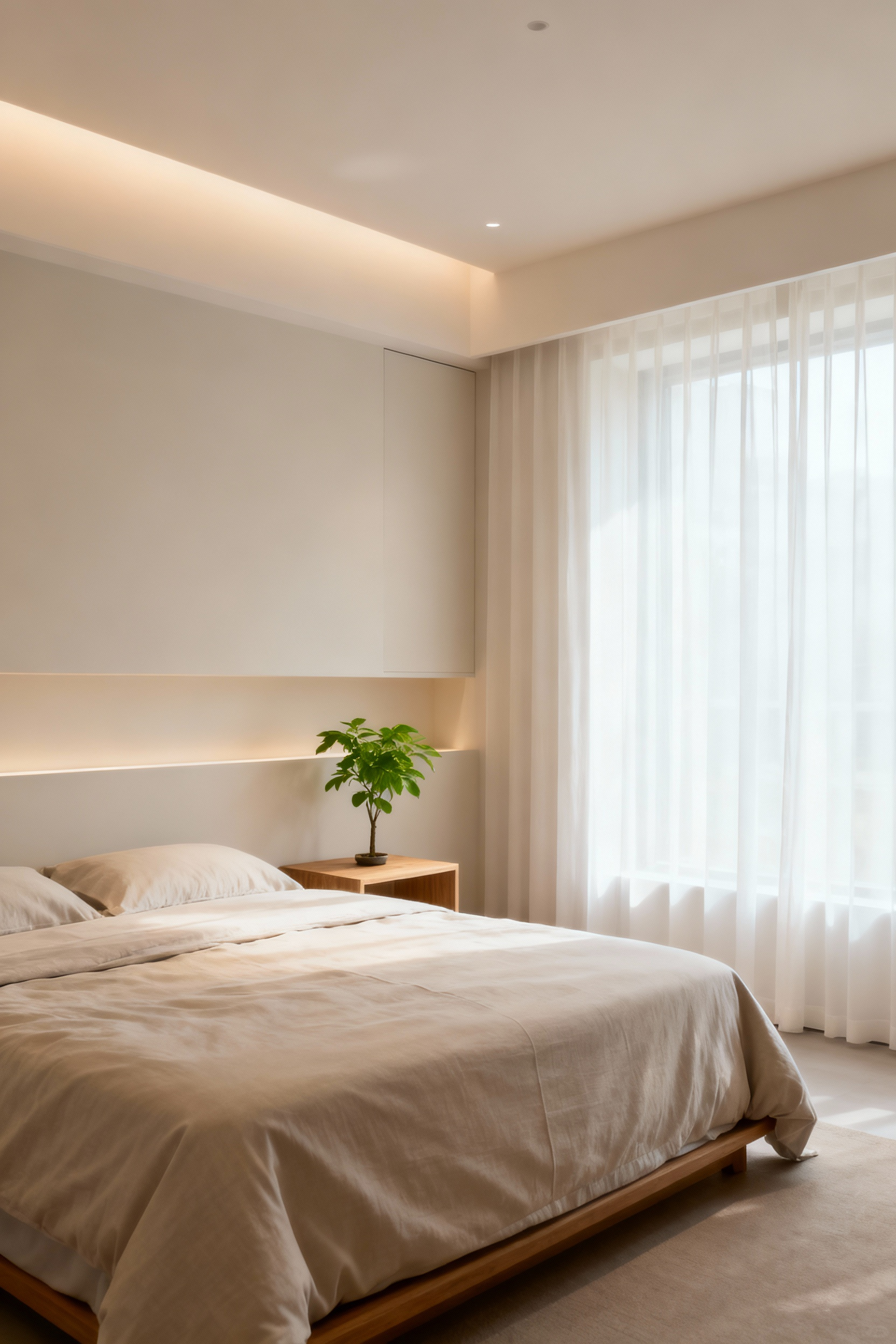 A tranquil, meticulously decluttered bedroom with a neatly made bed and minimal decor, embodying mental calm and peacefulness. Emphasizes clean lines and clear surfaces for an intentional sanctuary.