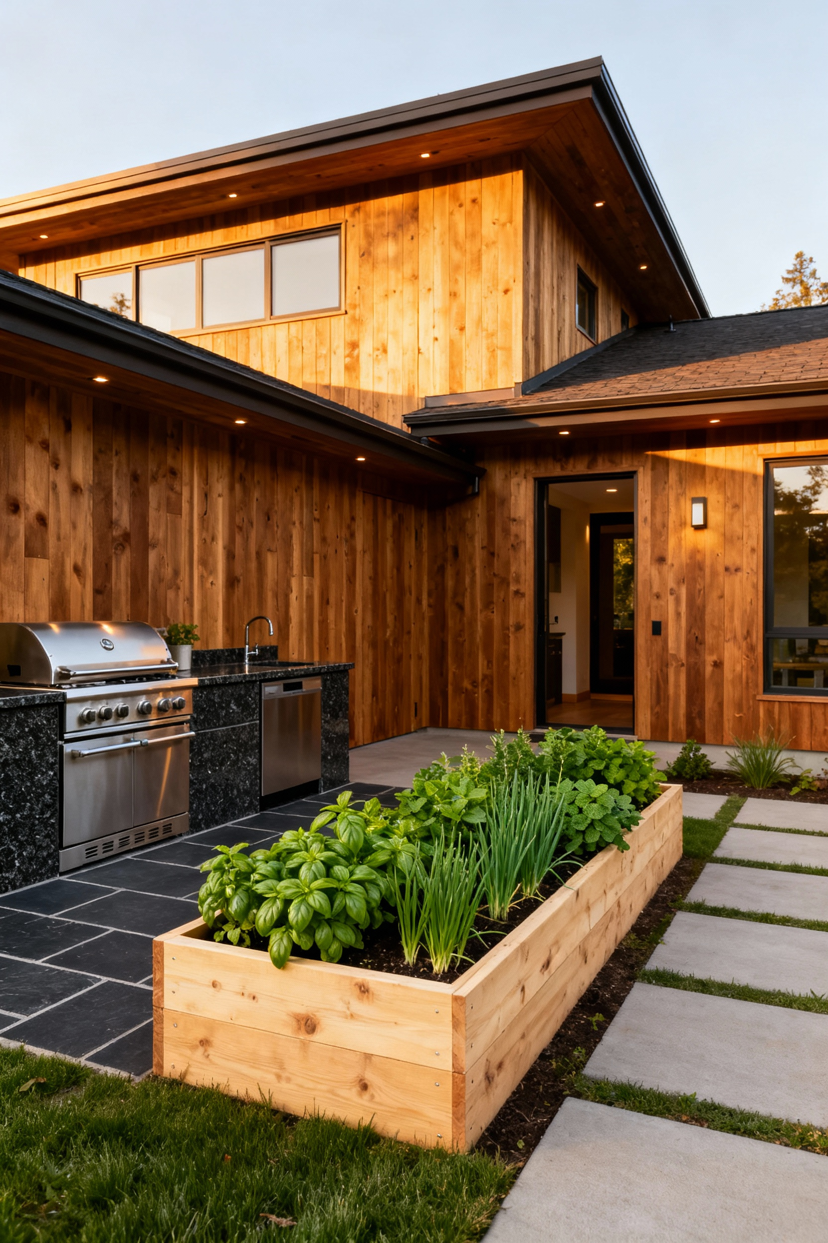 A photograph of a meticulously planned back yard Active Zone, featuring a built-in outdoor kitchen and adjacent raised herb garden on a slate patio next to a modern home, illustrating intentional design zoning.