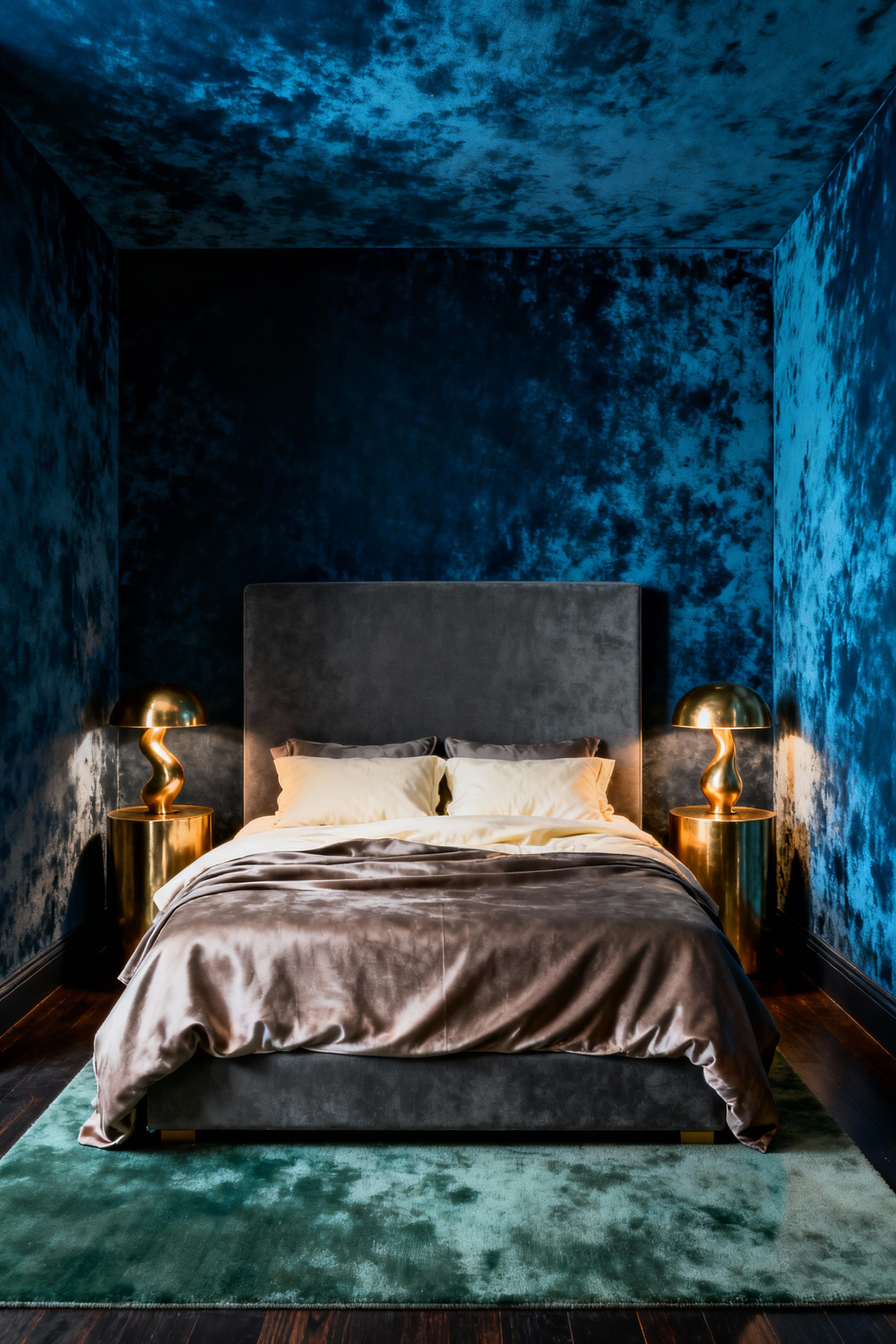 Master bedroom featuring deep sapphire blue textured wallpaper on all four walls and the ceiling, creating an immersive Jewel Box effect, with brass accents and warm mood lighting.