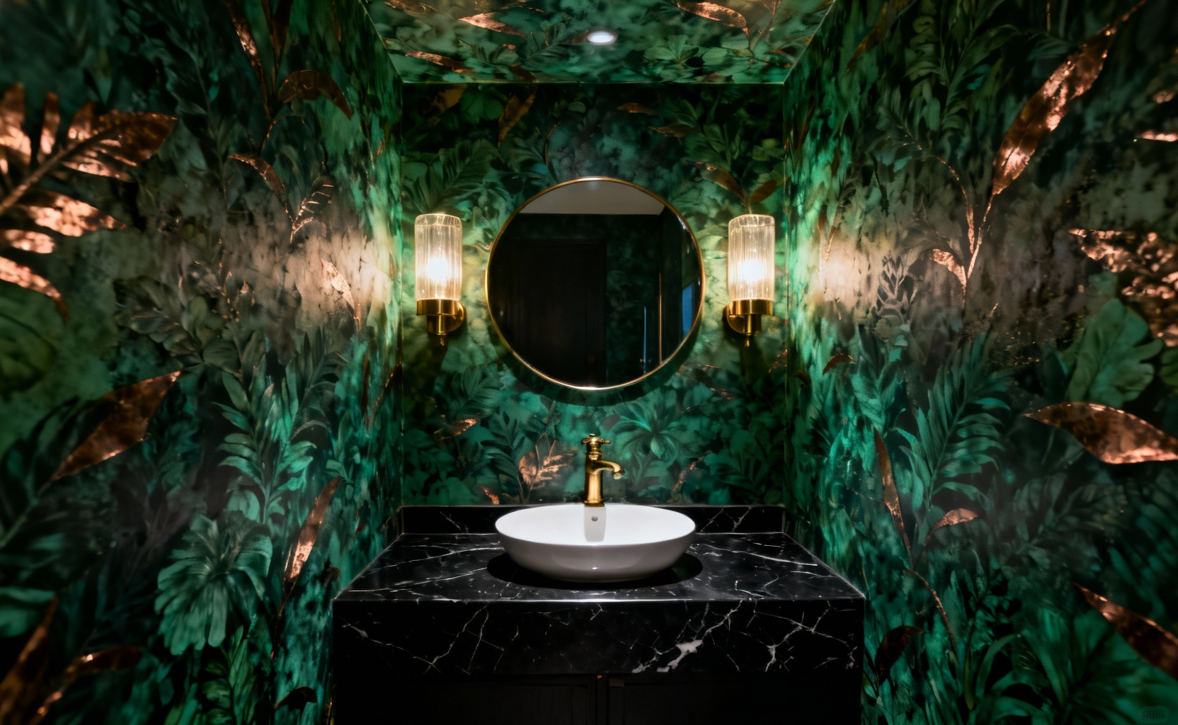 A small, sophisticated, windowless powder room featuring dark emerald green botanical wallpaper covering all surfaces, illuminated by warm brass wall sconces, emphasizing a dramatic jewel box aesthetic.