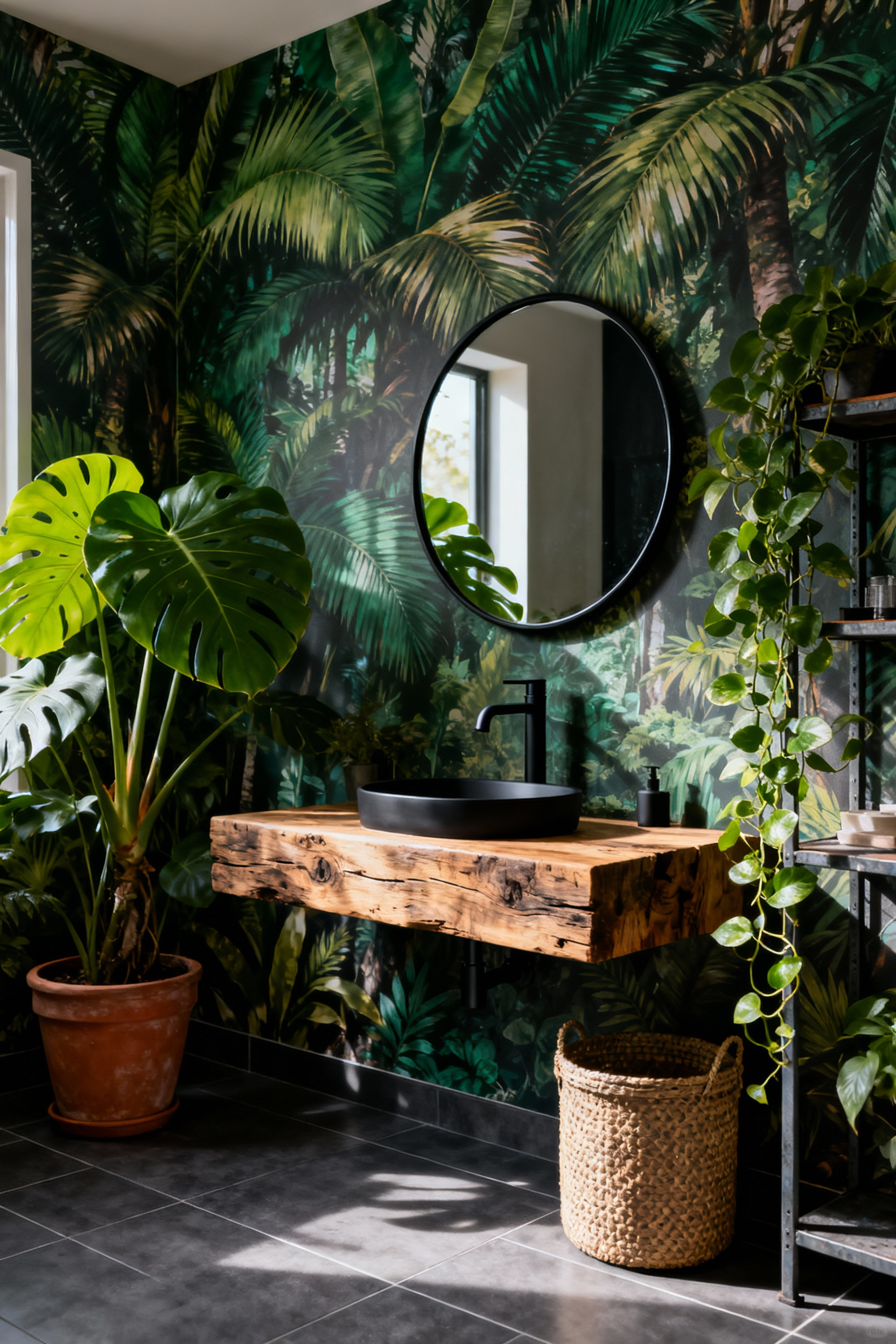 A vibrant biophilic bathroom featuring a photorealistic jungle mural, reclaimed wood vanity, matte black fixtures, and live tropical plants including Monstera and trailing Pothos, creating an immersive, wild sanctuary.