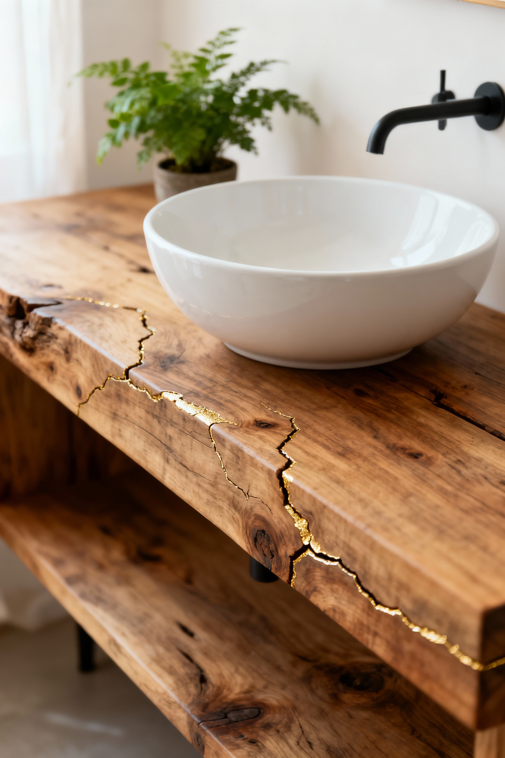 Wooden bathroom vanity with elegant gold Kintsugi repairs highlighting natural imperfections, set in a serene, naturally lit biophilic bathroom.