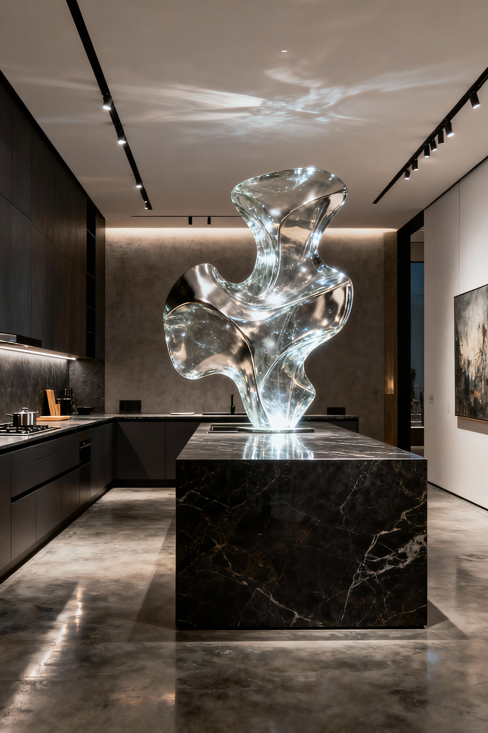 Luxury kitchen featuring a unique statement art installation, transforming the culinary space into a modern art gallery with abstract sculpture and elegant lighting.
