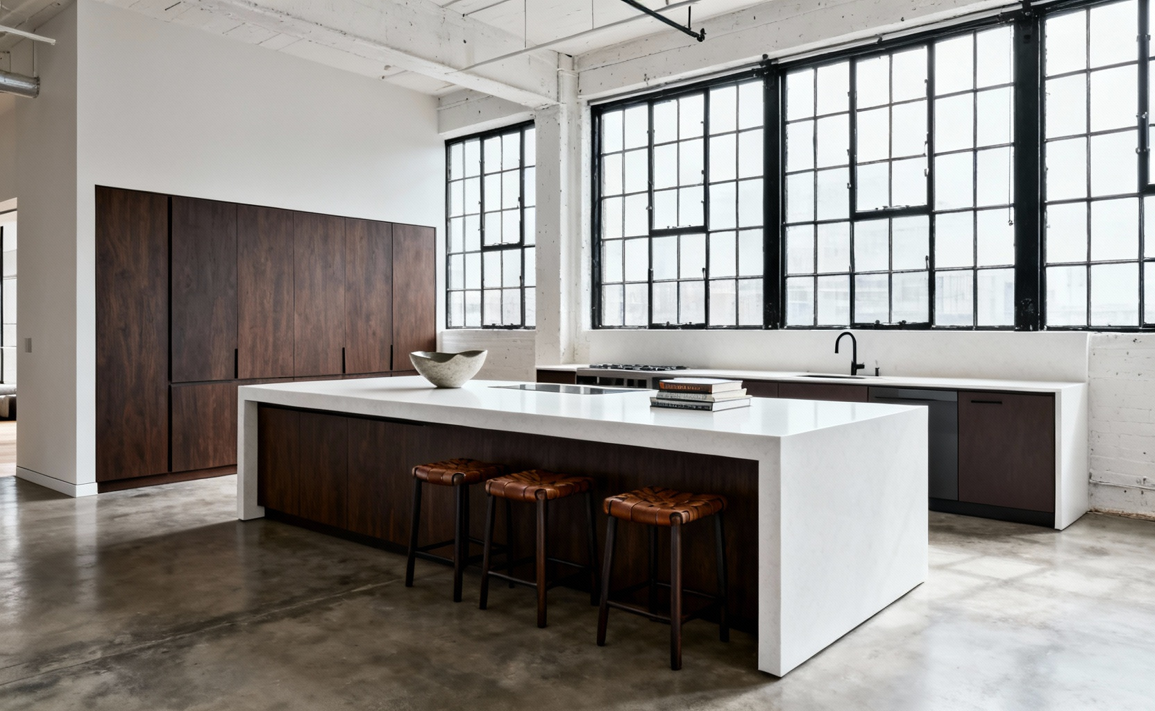 Wide-angle photograph of a modern loft kitchen featuring a large, dark walnut kitchen island that architecturally defines the space. The open floor plan emphasizes generous aisles (42-inch clearance) defining separate Prep and Social zones.