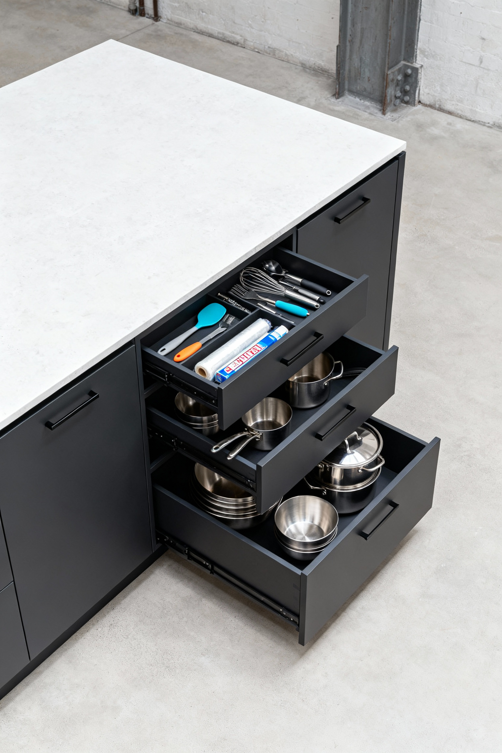 An image showing a kitchen island cabinet fully converted to three deep drawers. The drawers are open, revealing precision tools in the top shallow drawer and stainless steel cookware in the lower two deep drawers, illustrating absolute top-down visibility and ergonomic storage.
