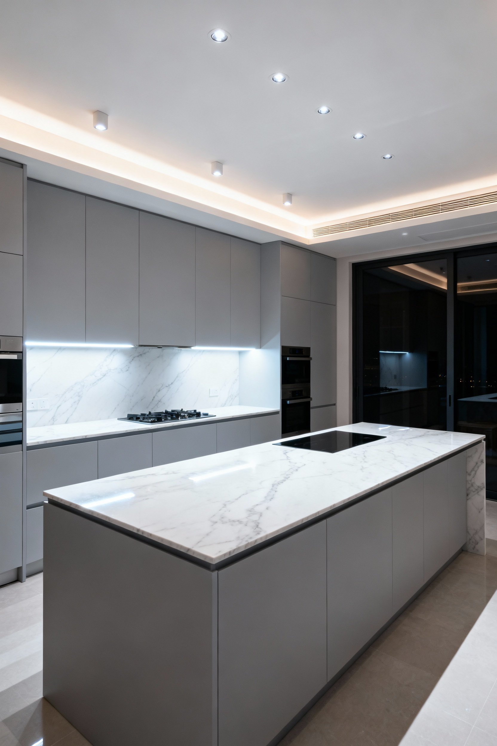A modern kitchen island and counter demonstrating high-intensity, crisp LED task lighting optimized for precision work, illustrating the required lumen density calculation.