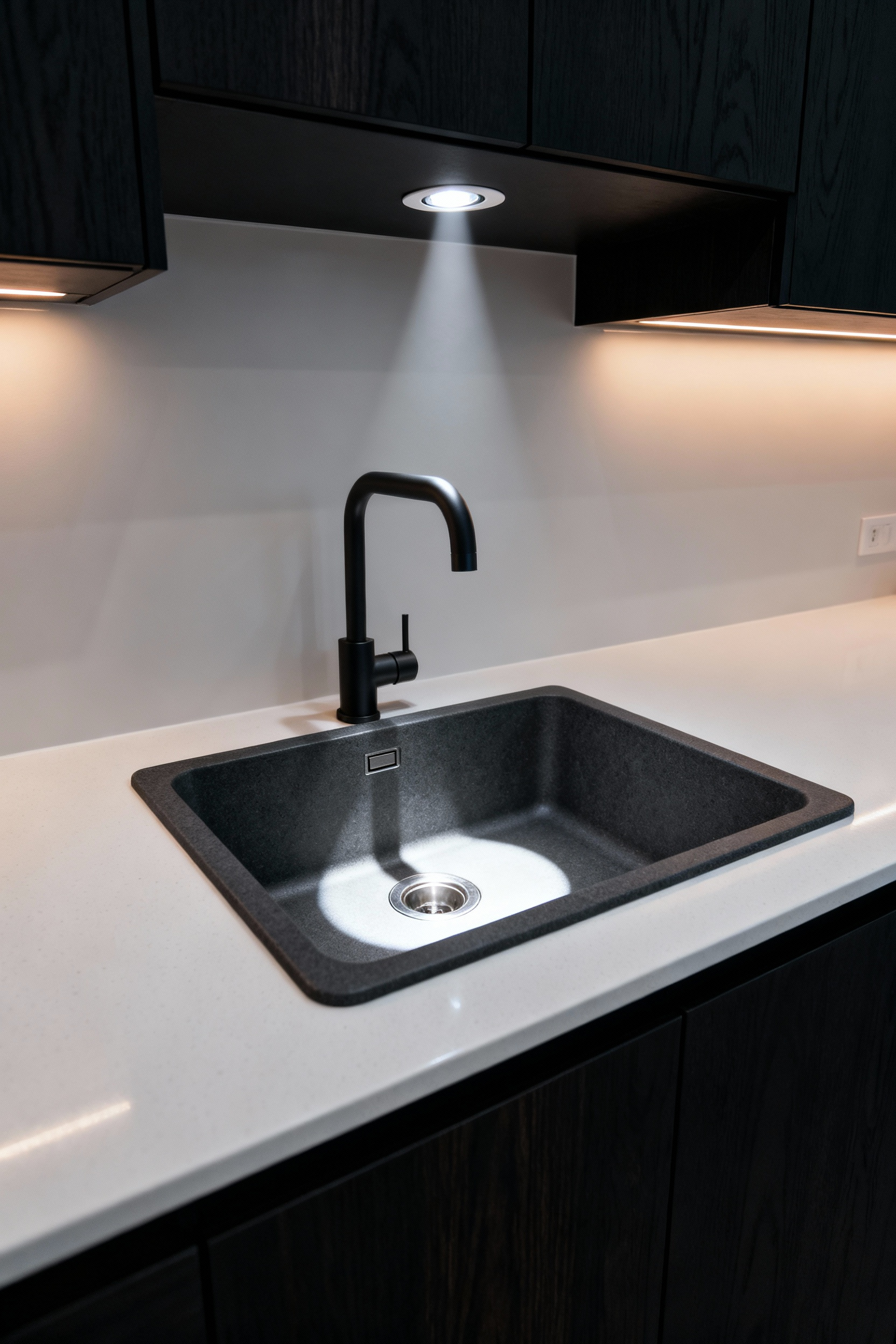 A modern kitchen sink area illuminated by a precisely aimed, narrow-beam recessed spotlight that concentrates light on the dark composite basin floor, successfully avoiding reflective glare on the surrounding white quartz countertop.