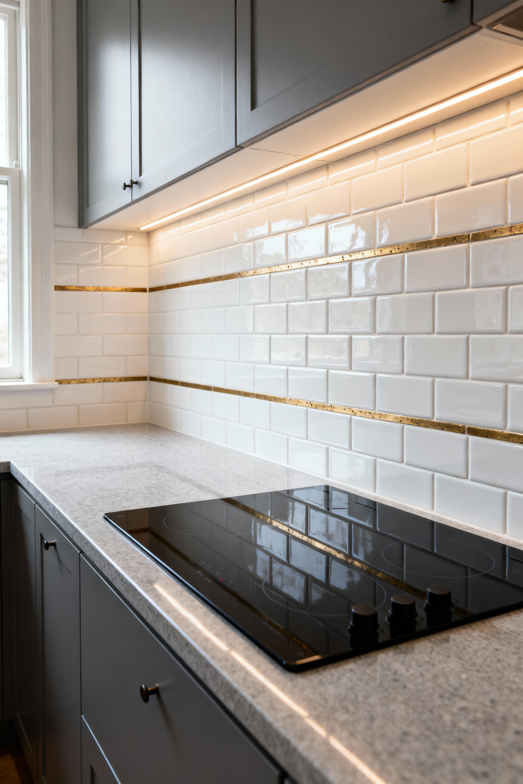 Sophisticated kitchen backsplash featuring glossy white subway tiles interspersed with thin, linear vintage brass inlays, set above a modern quartz countertop, illustrating mixed media transition design.