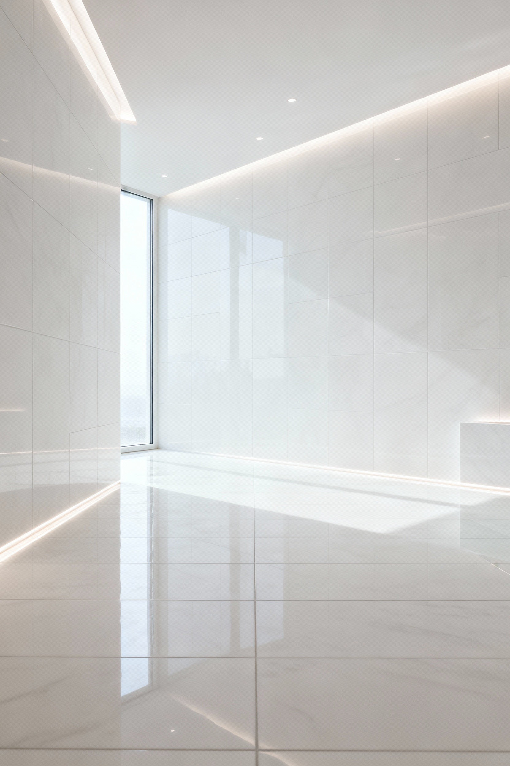 Modern bathroom featuring seamless large-format white porcelain tiles on walls and floor, creating an illusion of vast spatial expansion and boundless serenity with minimal grout lines. Bright and minimalist.