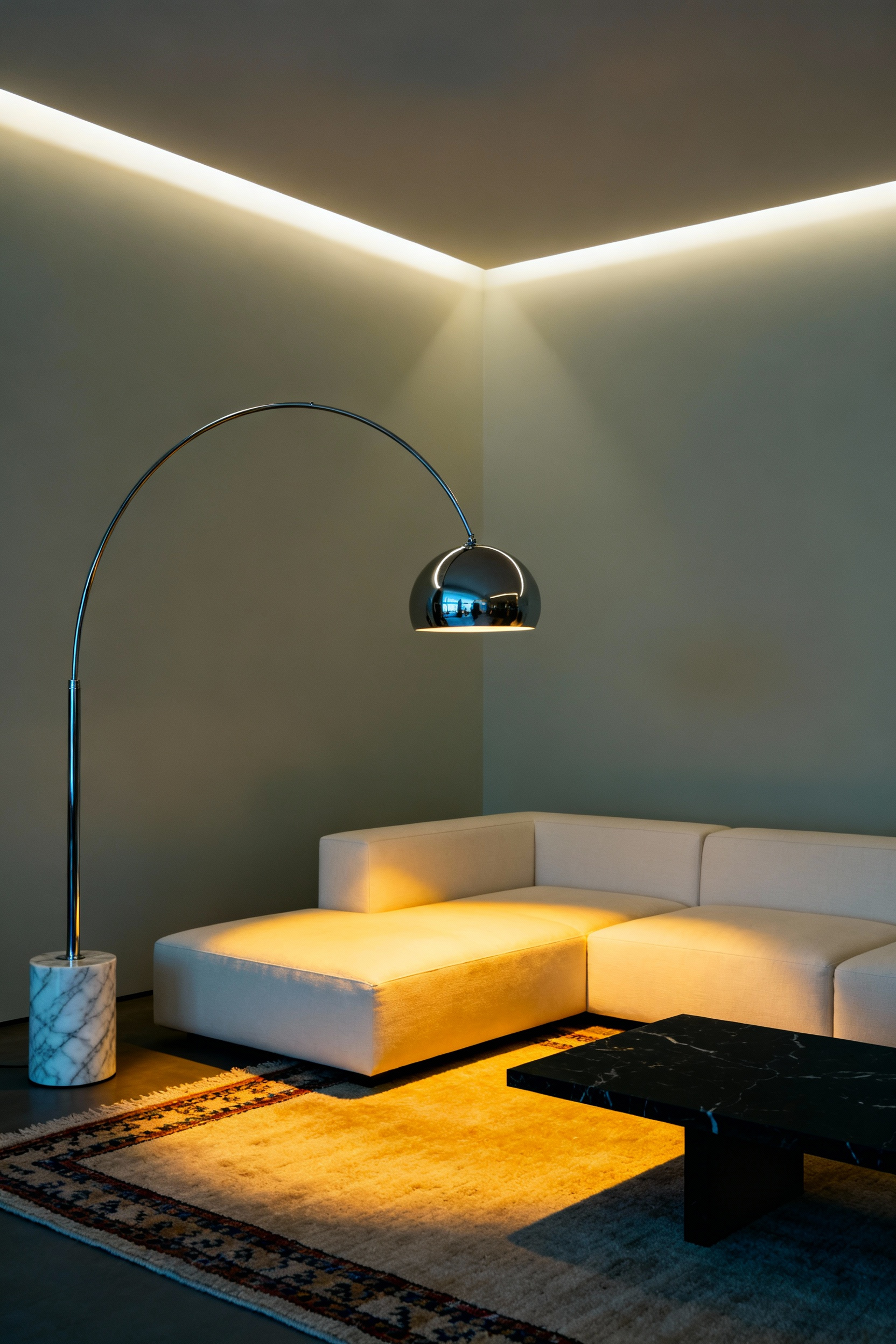 Modern living room at twilight showing layered architectural lighting, featuring a shadow-free wall (ambient light) and the focal glow from an iconic Arco floor lamp positioned over a cream sofa.