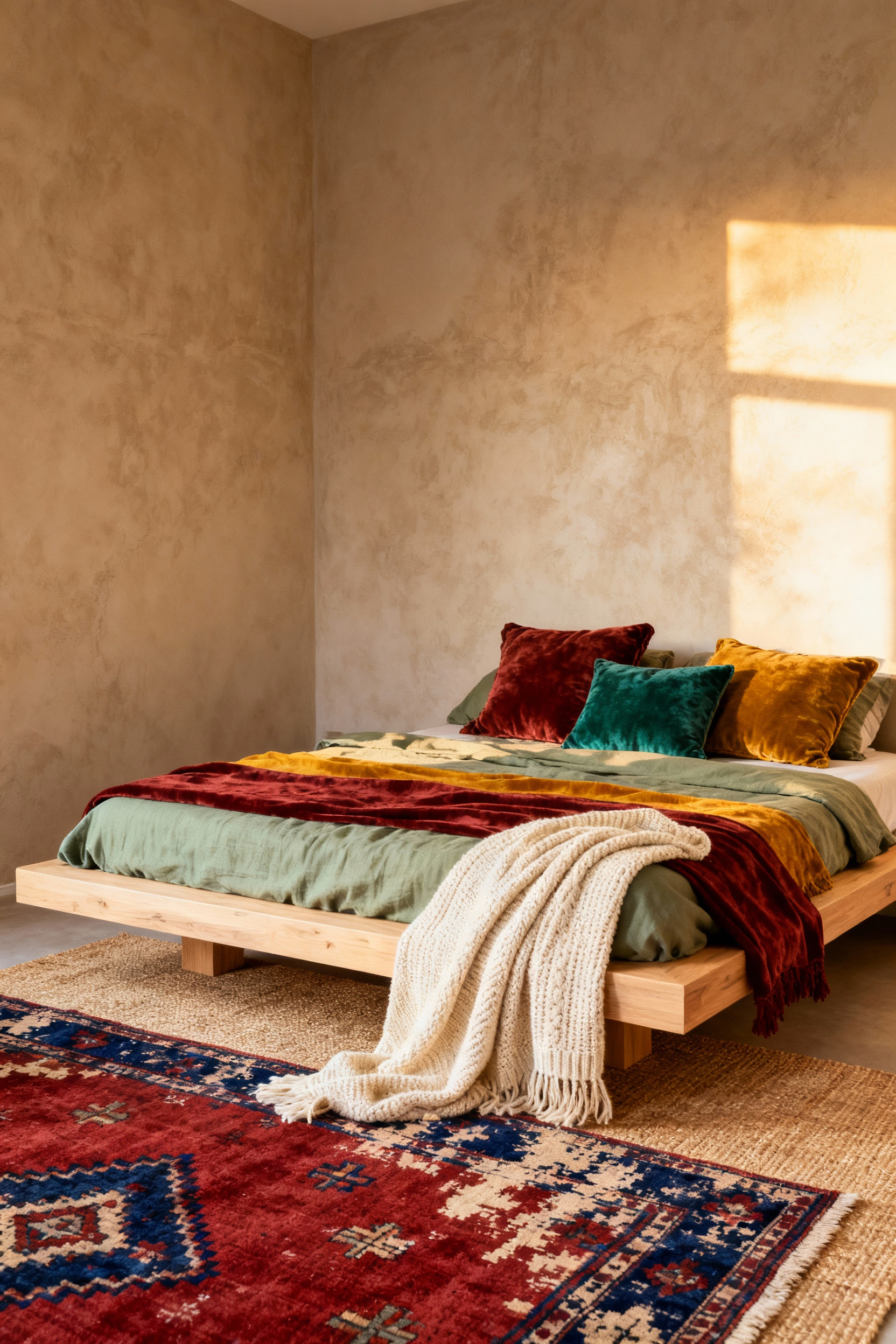 A warm boho bedroom featuring a low-profile floating bed anchored by a richly layered Turkish kilim rug. The soft architecture is defined by chunky knit throws and vintage velvet pillows creating a soulful, textured sanctuary aesthetic.