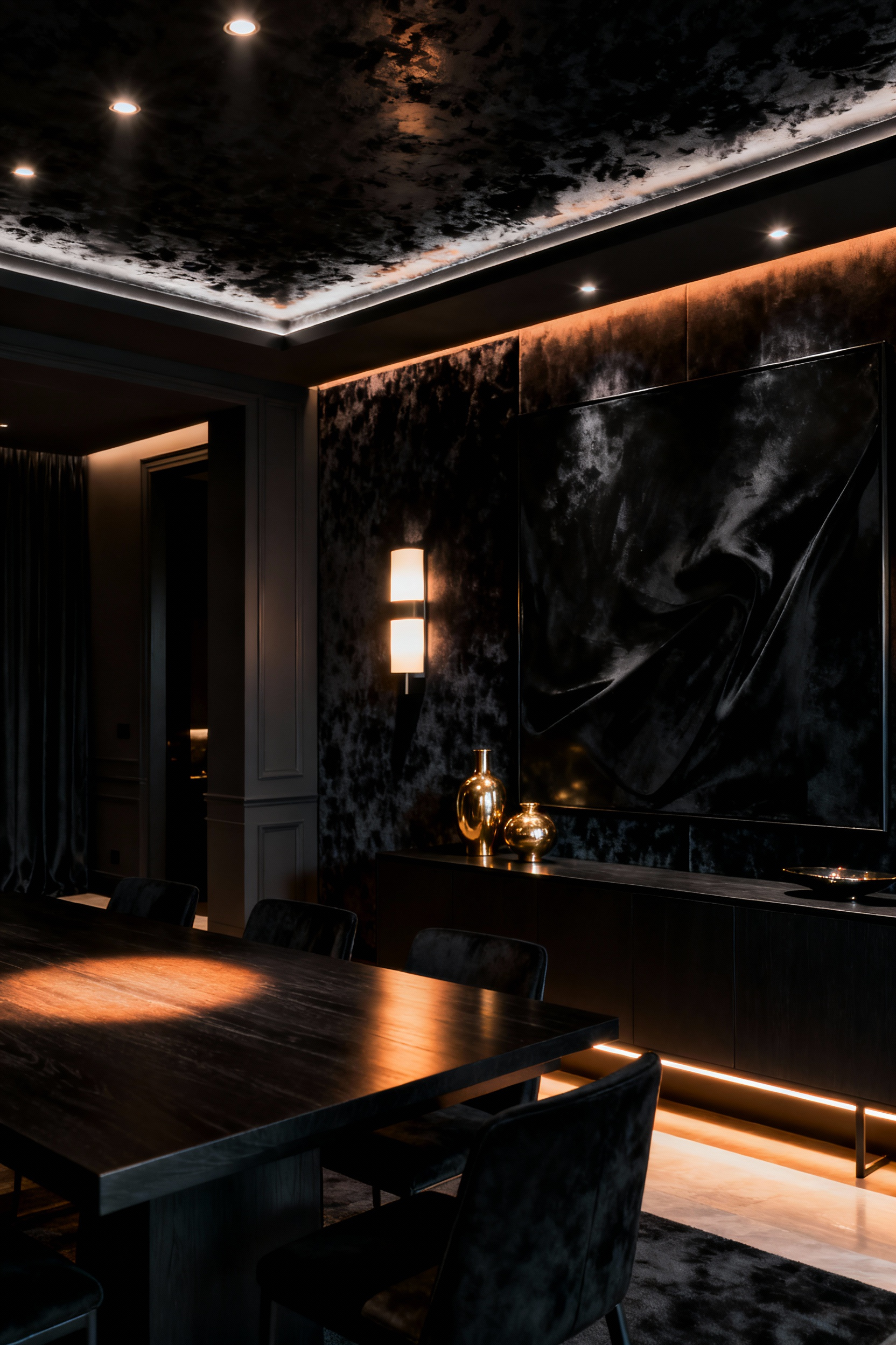 Luxurious black dining room interior with multiple layers of warm architectural lighting, including recessed lights, wall sconces, and uplighting, creating dramatic shadows and highlights on dark velvet and polished metallic surfaces.