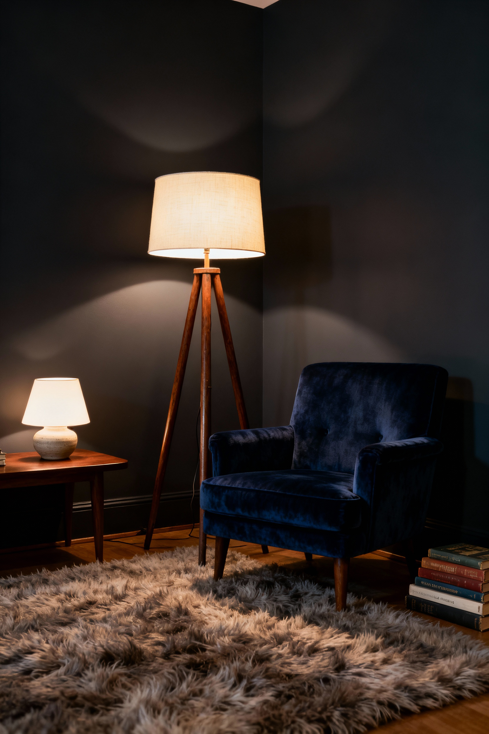 A warmly lit, sophisticated reading nook featuring a vintage 1960s teak floor lamp and a ceramic table lamp, demonstrating effective layered lighting in a mid-century modern style living room.