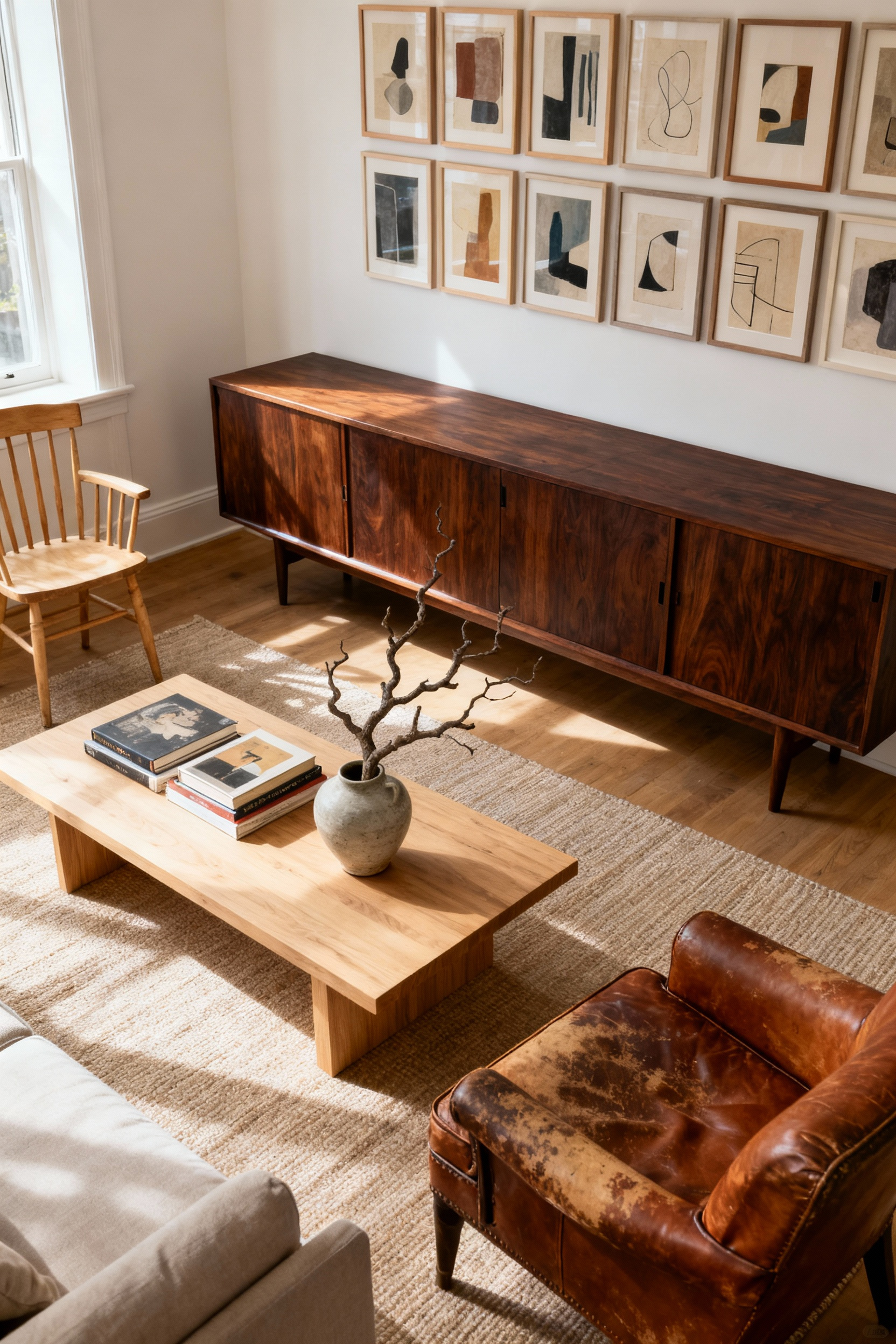 A modern-vintage living room interior showcasing a rich, dark walnut sideboard placed opposite a light ash coffee table, emphasizing the visual depth and tension created by mixing contrasting wood tones and utilizing mismatched vintage furniture.