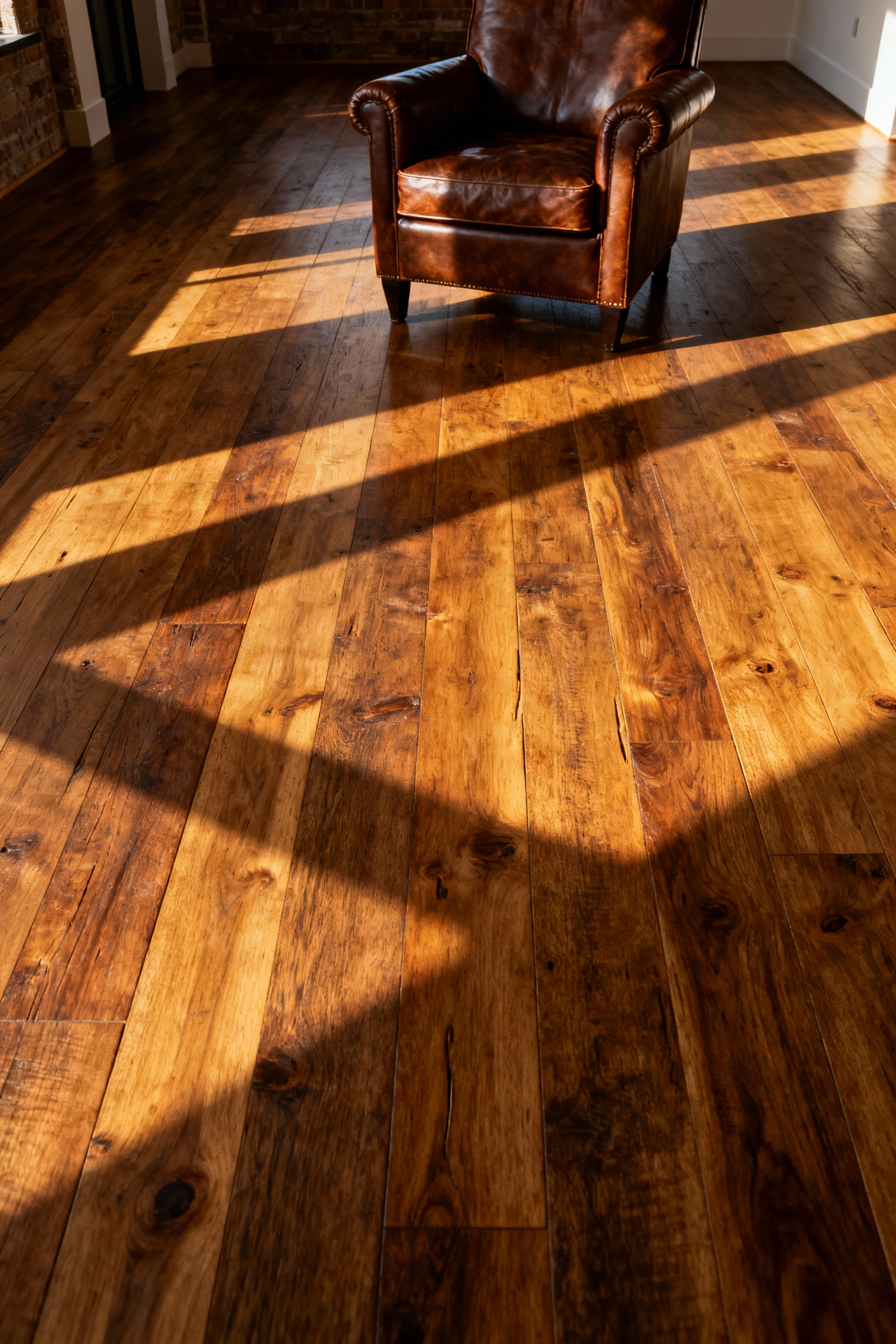 Wide plank aged solid oak hardwood flooring with genuine patina and character marks in a sunlit rustic modern living room.