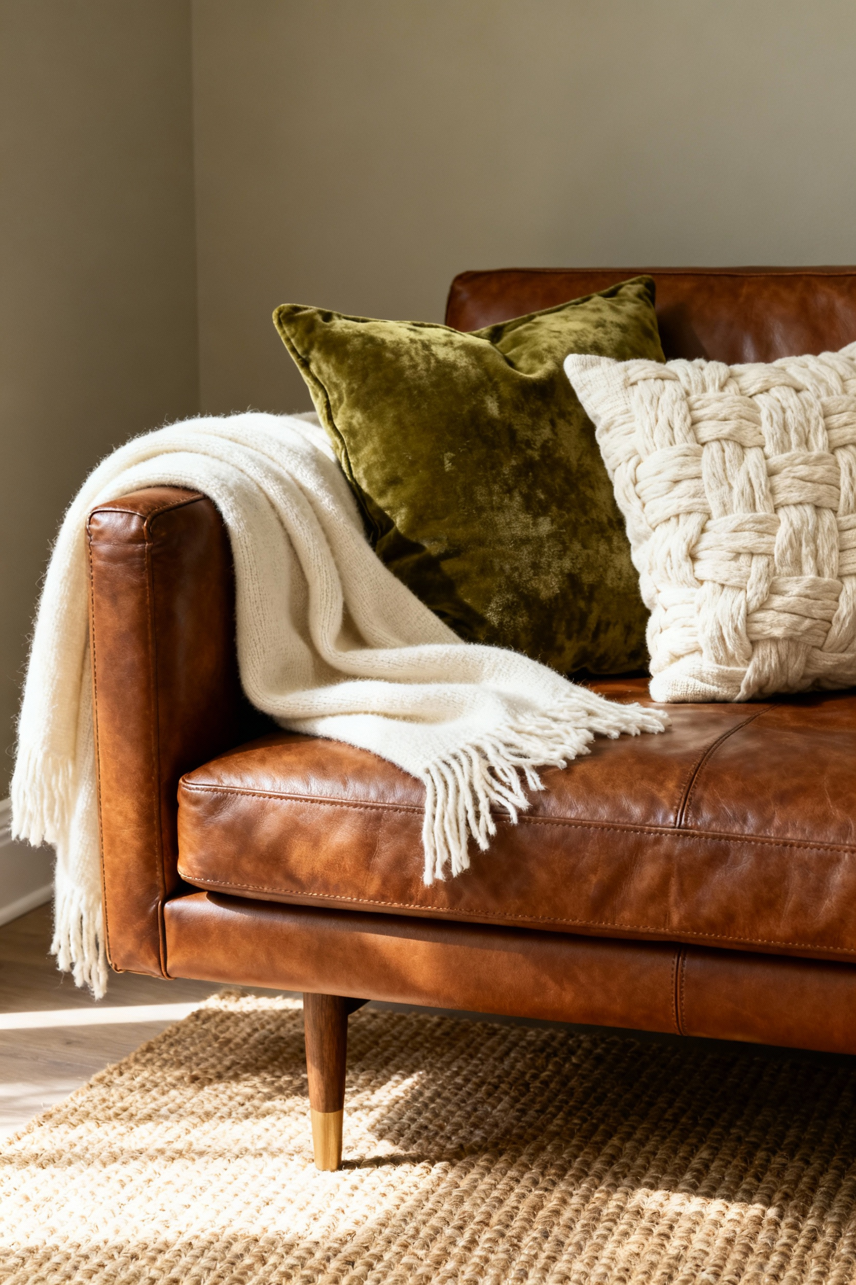 A detailed view of a cognac leather mid-century sofa styled with layered textiles, including a cashmere throw and velvet cushions, demonstrating textural depth and comfort in a bright, modern living room.