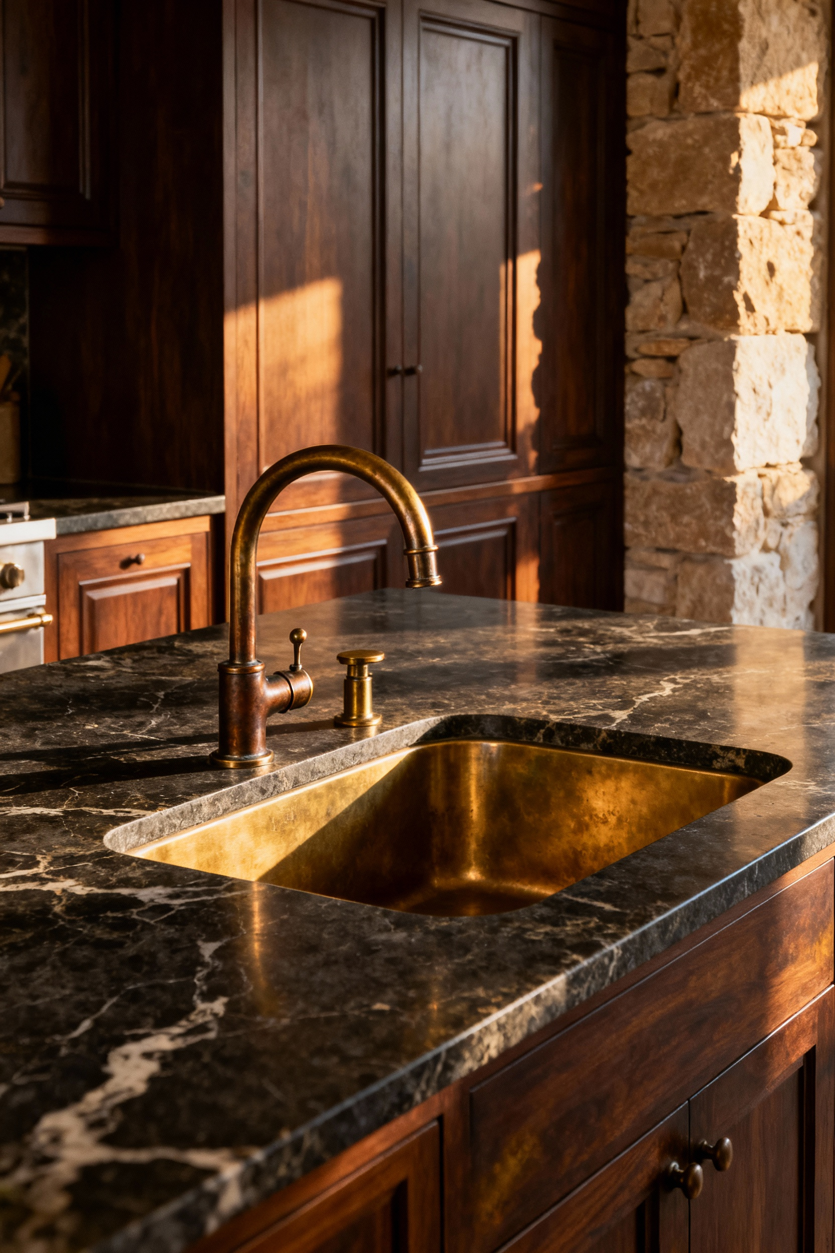 A sophisticated luxury kitchen scene featuring an integrated sink and vintage-style faucet made of heavily patinated, unlacquered living brass set into a dark soapstone countertop, emphasizing warmth and heirloom quality over sterile modernity.