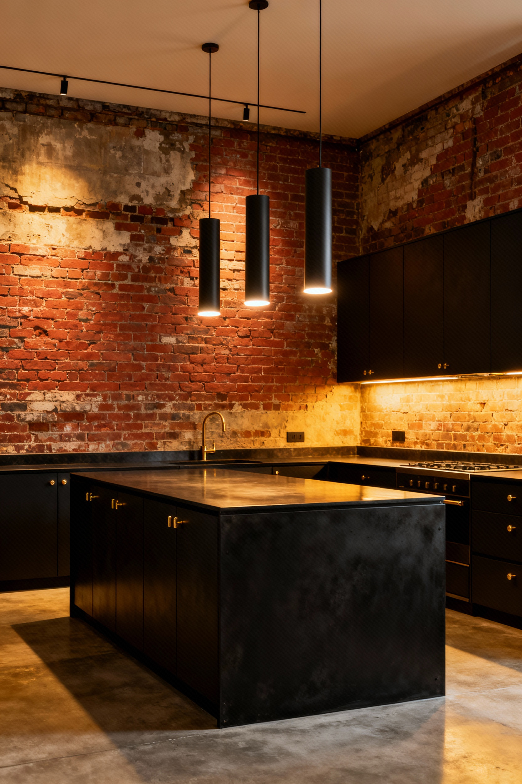 A photograph of a luxury industrial loft kitchen featuring exposed brick and steel softened by 3000 Kelvin warm pendant lighting fixtures over a concrete island.
