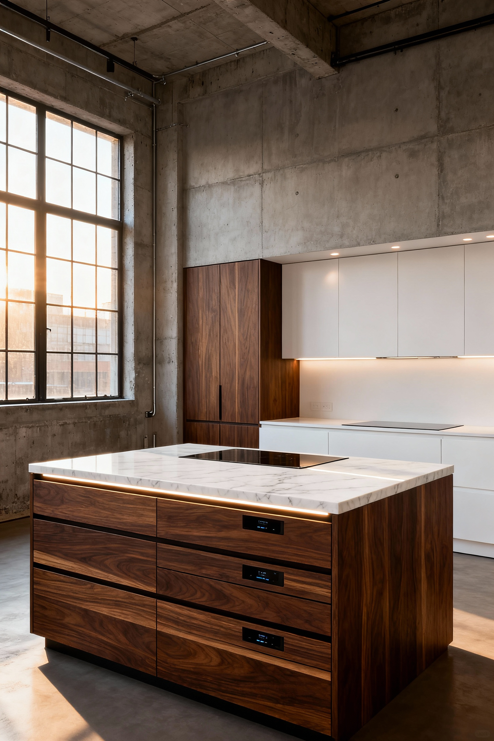 Full view of a modern loft kitchen island featuring contrasting dark walnut cabinetry and a white marble countertop, designed as a central social hub with integrated, concealed charging technology.