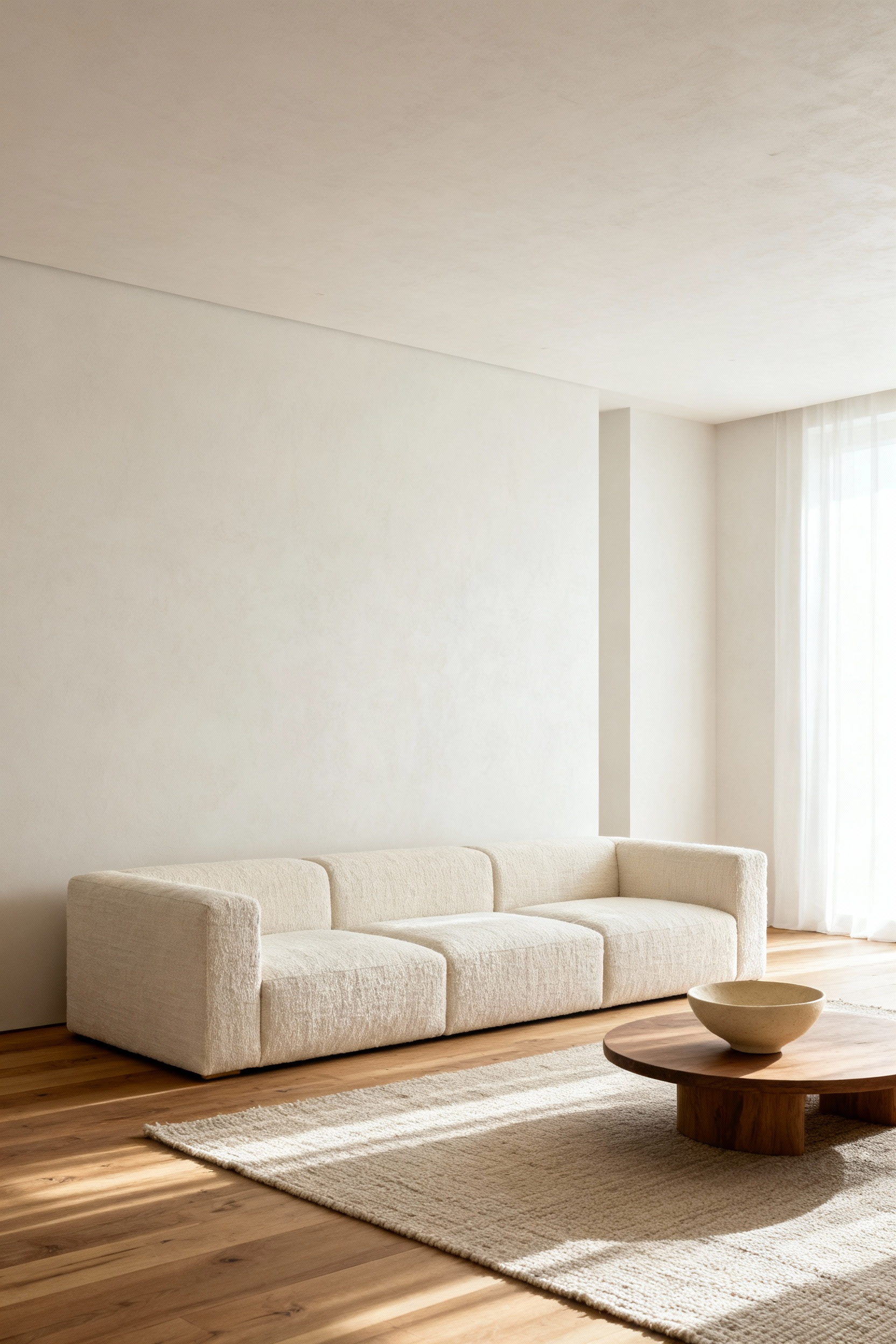 A minimalist Japandi living room featuring a very low-slung cream linen modular sofa that emphasizes the room's horizontal plane and high ceilings.