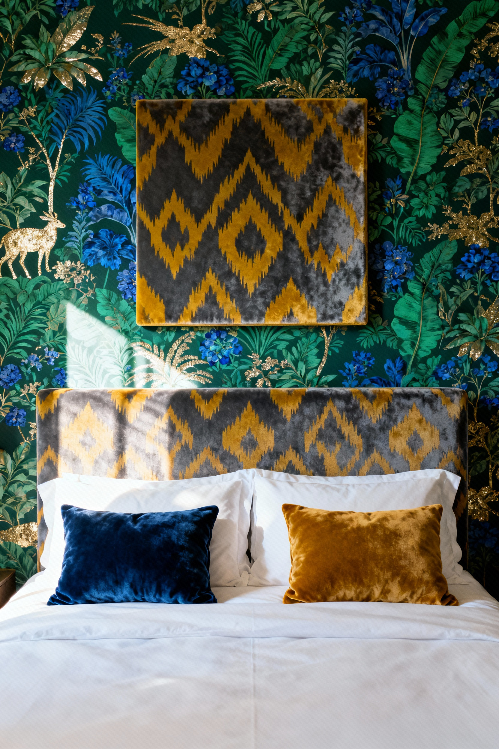 Luxurious bedroom featuring an upholstered headboard in a bold geometric Ikat pattern intentionally clashing with a vibrant maximalist Chinoiserie botanical accent wallpaper, illustrating pattern-clashing design principles.