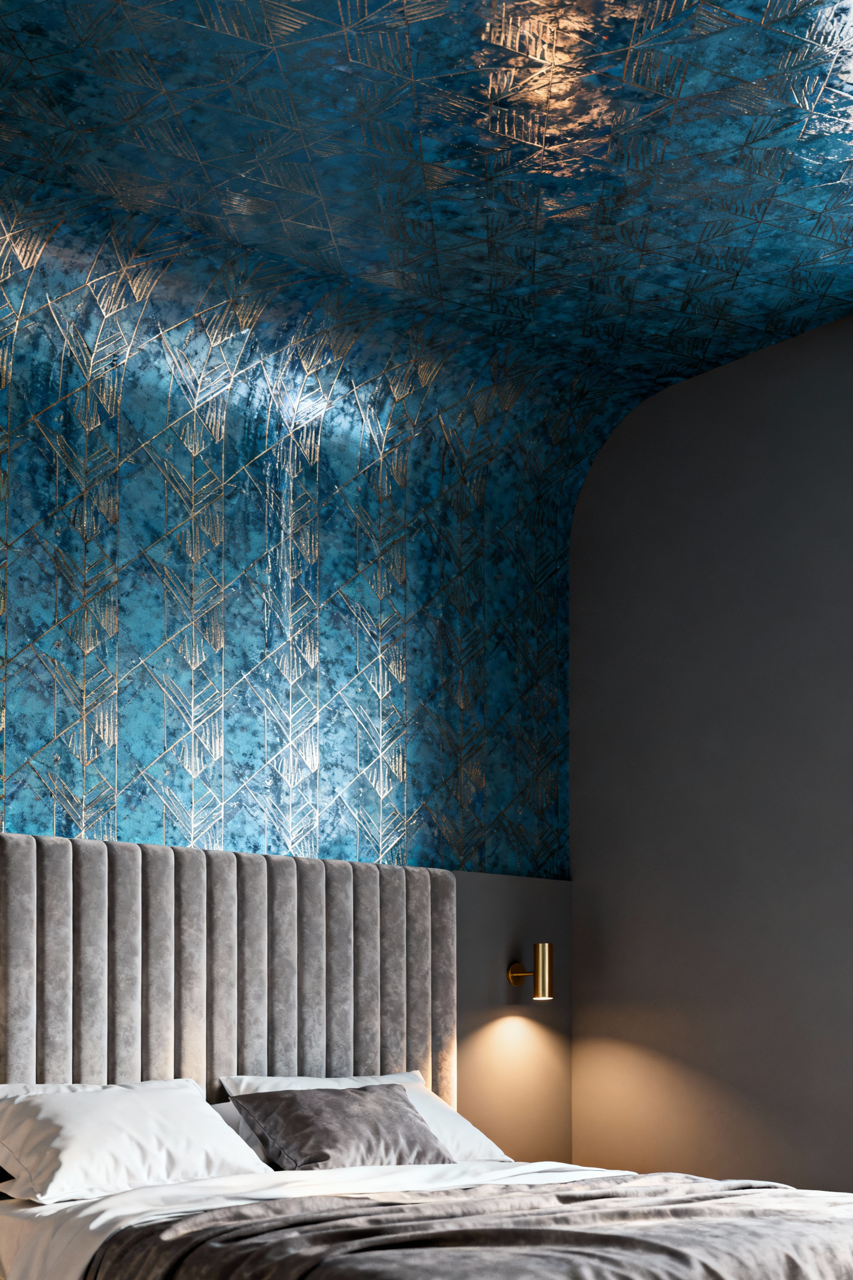 Luxurious bedroom design featuring a seamless sapphire and gold geometric wallpaper pattern extending from the wall onto the ceiling, demonstrating the "Fifth Wall" continuum and the intimate "Waterfall Effect."