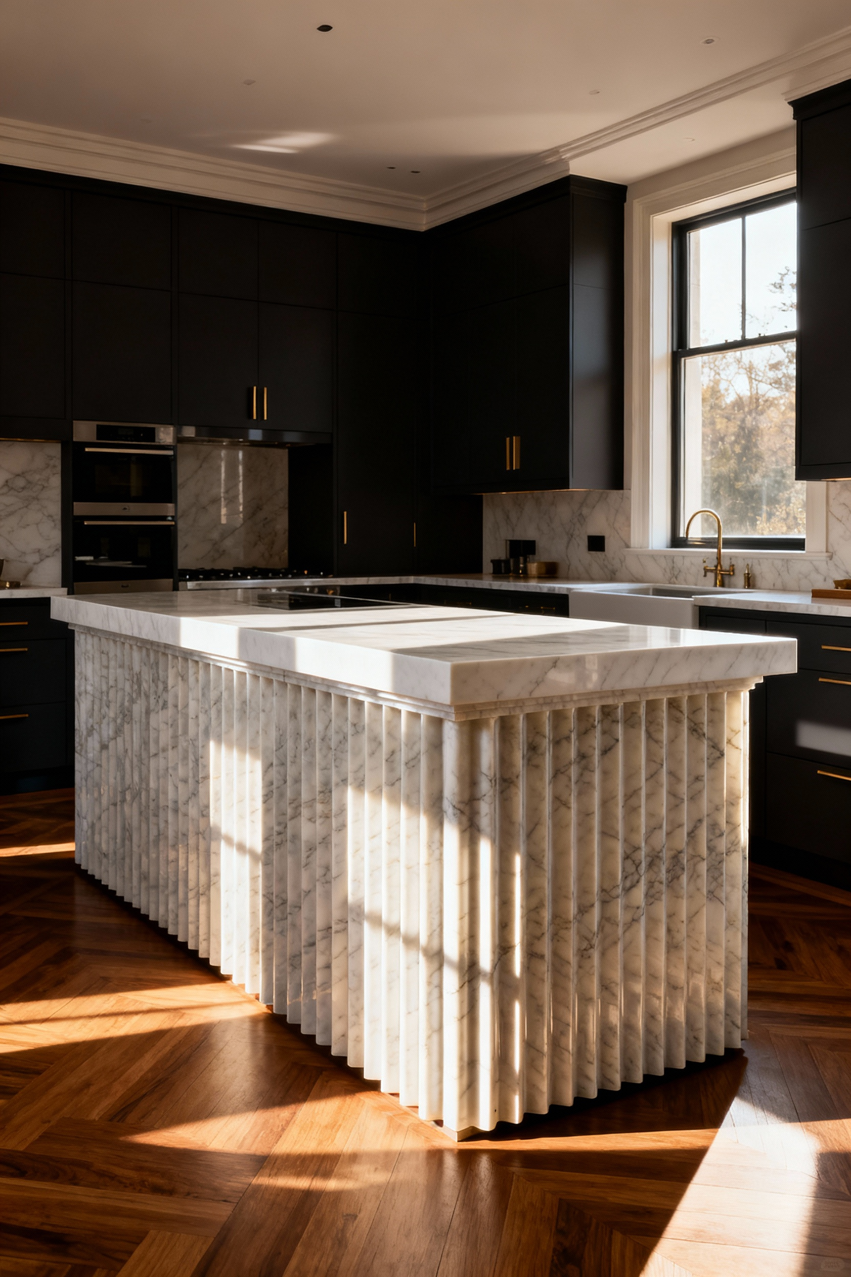 A luxurious kitchen island featuring a fluted, textured Calacatta Oro marble base and a solid white marble countertop, dramatically illuminated by natural light to showcase the deep vertical channeling and resulting shadow play.