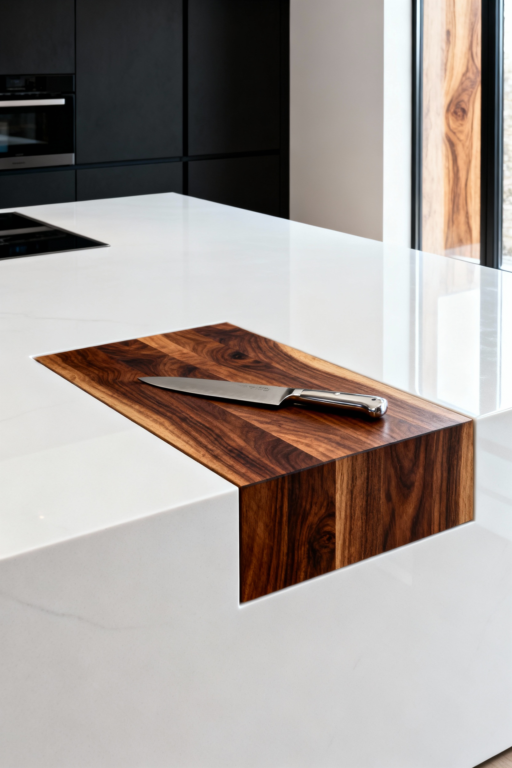 A wide view of a luxury modern kitchen island featuring a sharp contrast between a cool white Dekton countertop and an inset, thick, richly oiled end-grain walnut butcher block, designed for high-performance cooking.