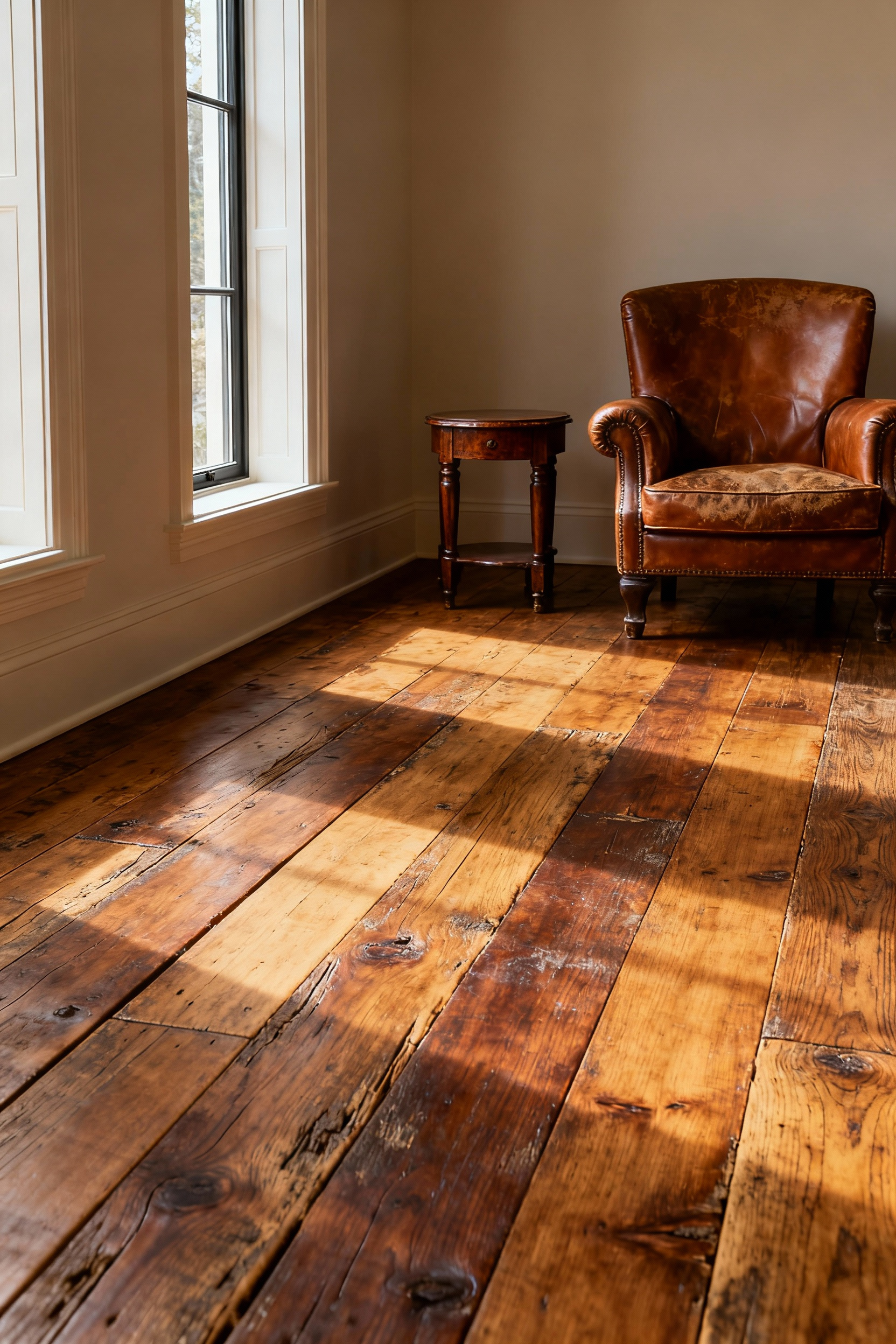 A luxury living room featuring aged, wide-plank solid oak hardwood flooring with rich patina, illuminated by warm afternoon sunlight highlighting the surface imperfections.