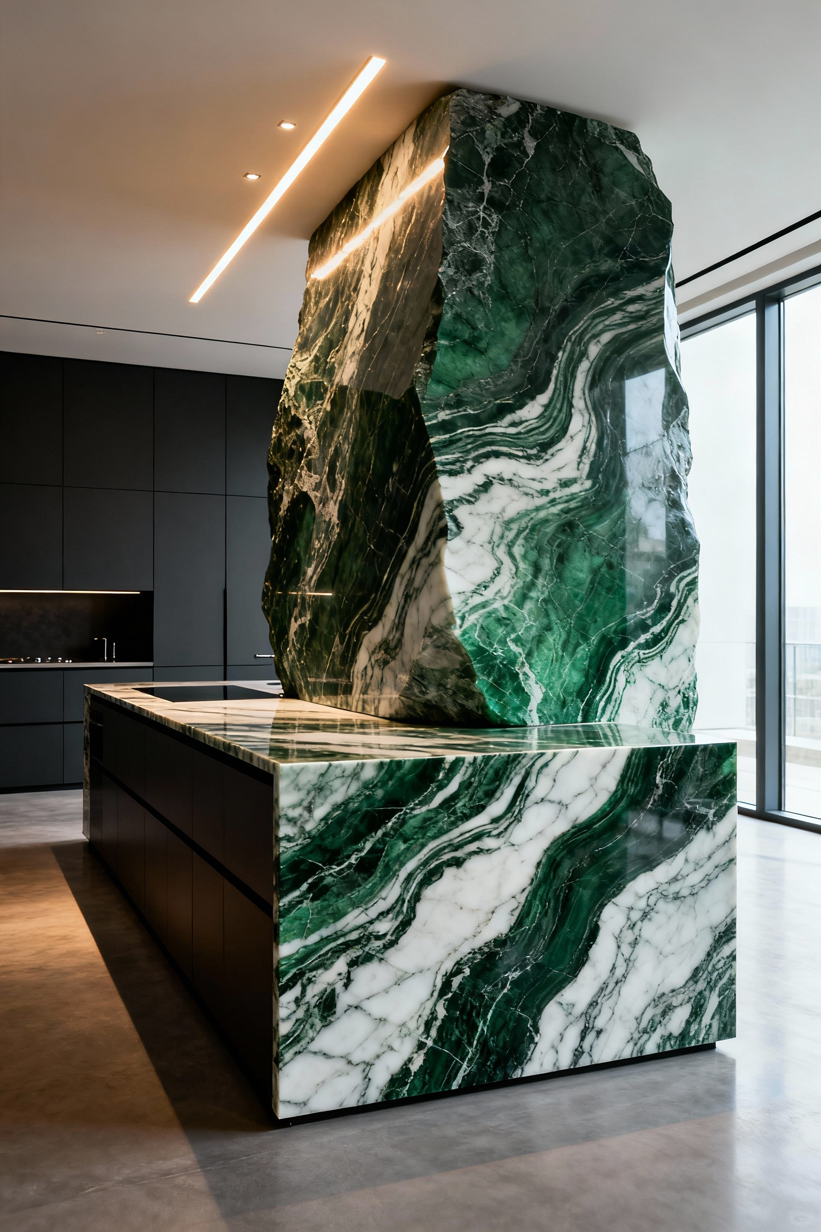 Luxury minimalist kitchen featuring a massive monolithic island seamlessly wrapped in dramatically veined green quartzite, emphasizing the stone as sculptural art rather than a workspace.