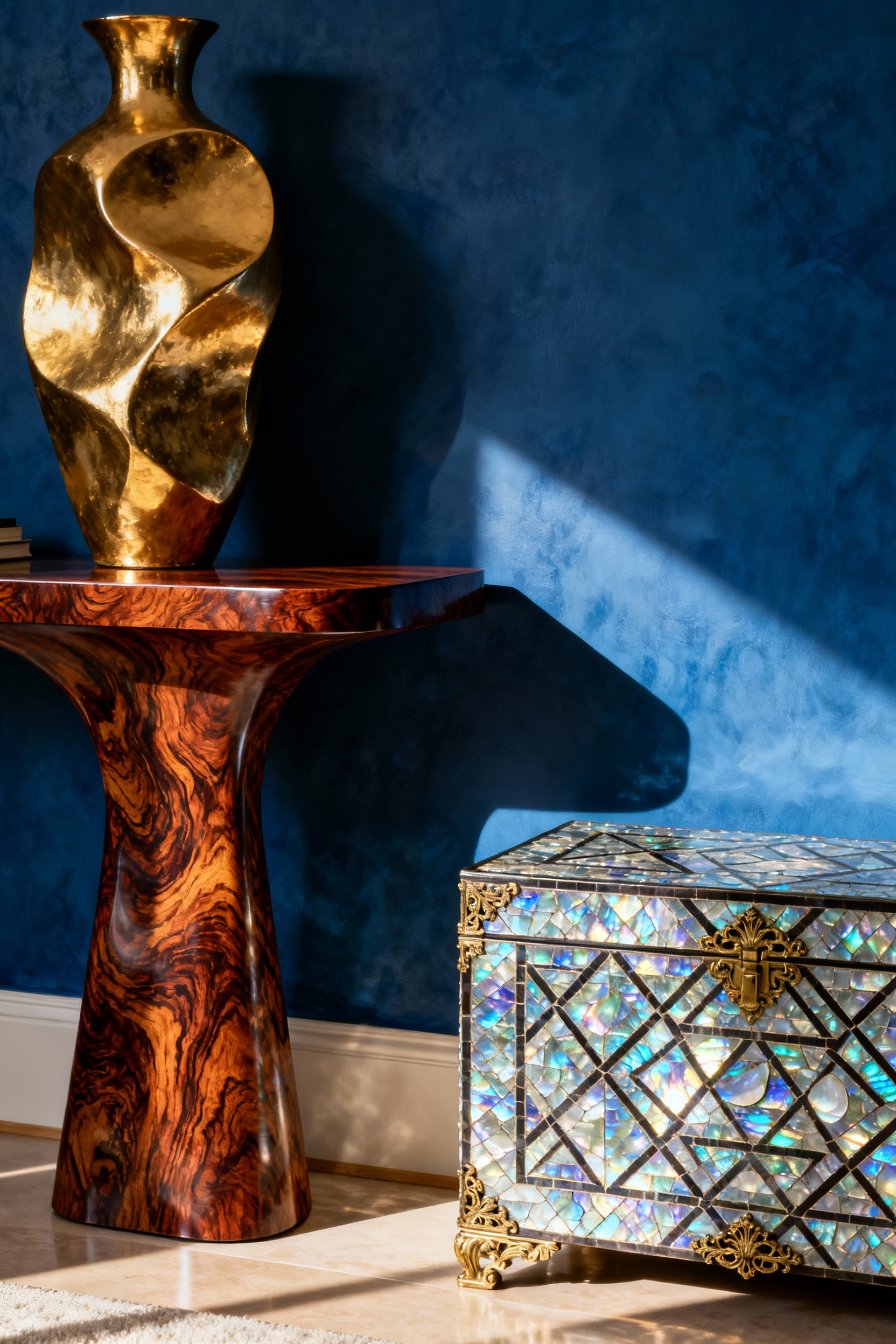 Opulent formal living room featuring a singular sculptural burl wood console table and a luxurious handcrafted chest adorned with iridescent mother-of-pearl and brass inlay, set against a deep blue wall.