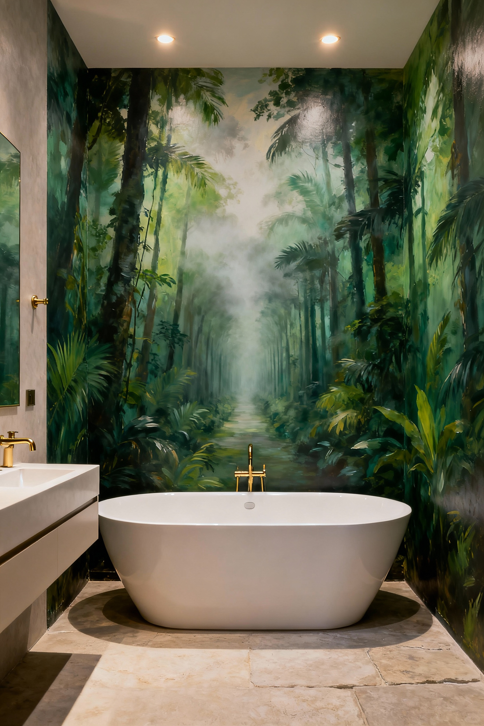 High-end bathroom featuring an immersive, continuous mural of a misty tropical rainforest covering all walls and the ceiling, designed to visually expand the space and create a luxury retreat environment.