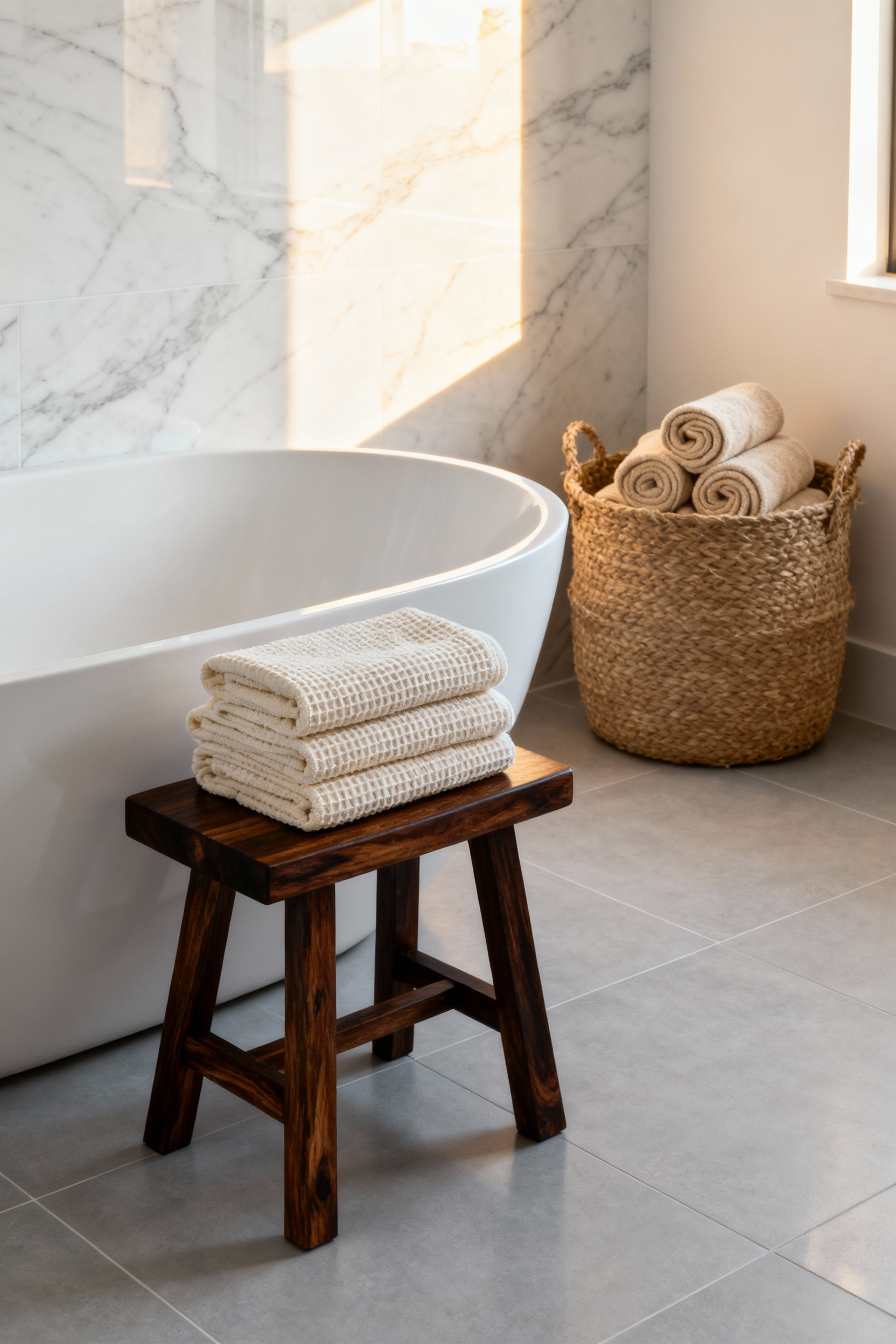 A high-end modern bathroom featuring white marble walls and a dark wooden bath stool topped with soft cream waffle-weave towels and a woven jute basket, illustrating how to warm up sterile decor with natural textures.