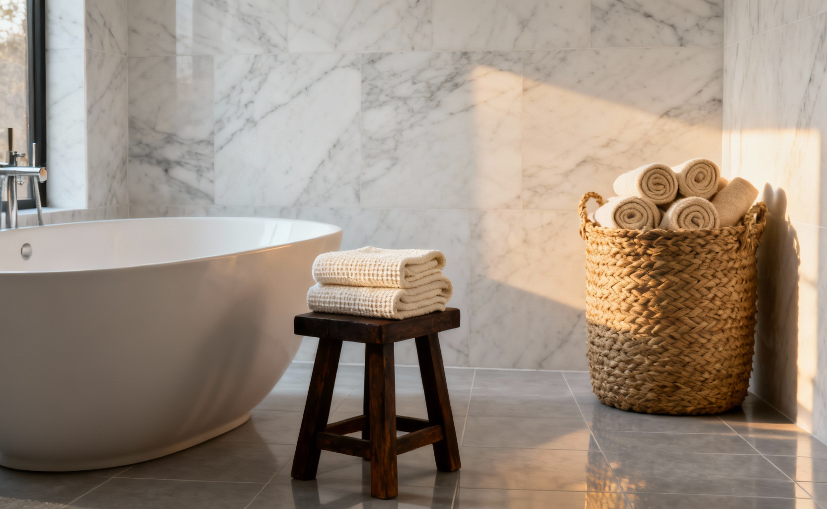 A high-end modern bathroom featuring white marble walls and a dark wooden bath stool topped with soft cream waffle-weave towels and a woven jute basket, illustrating how to warm up sterile decor with natural textures.