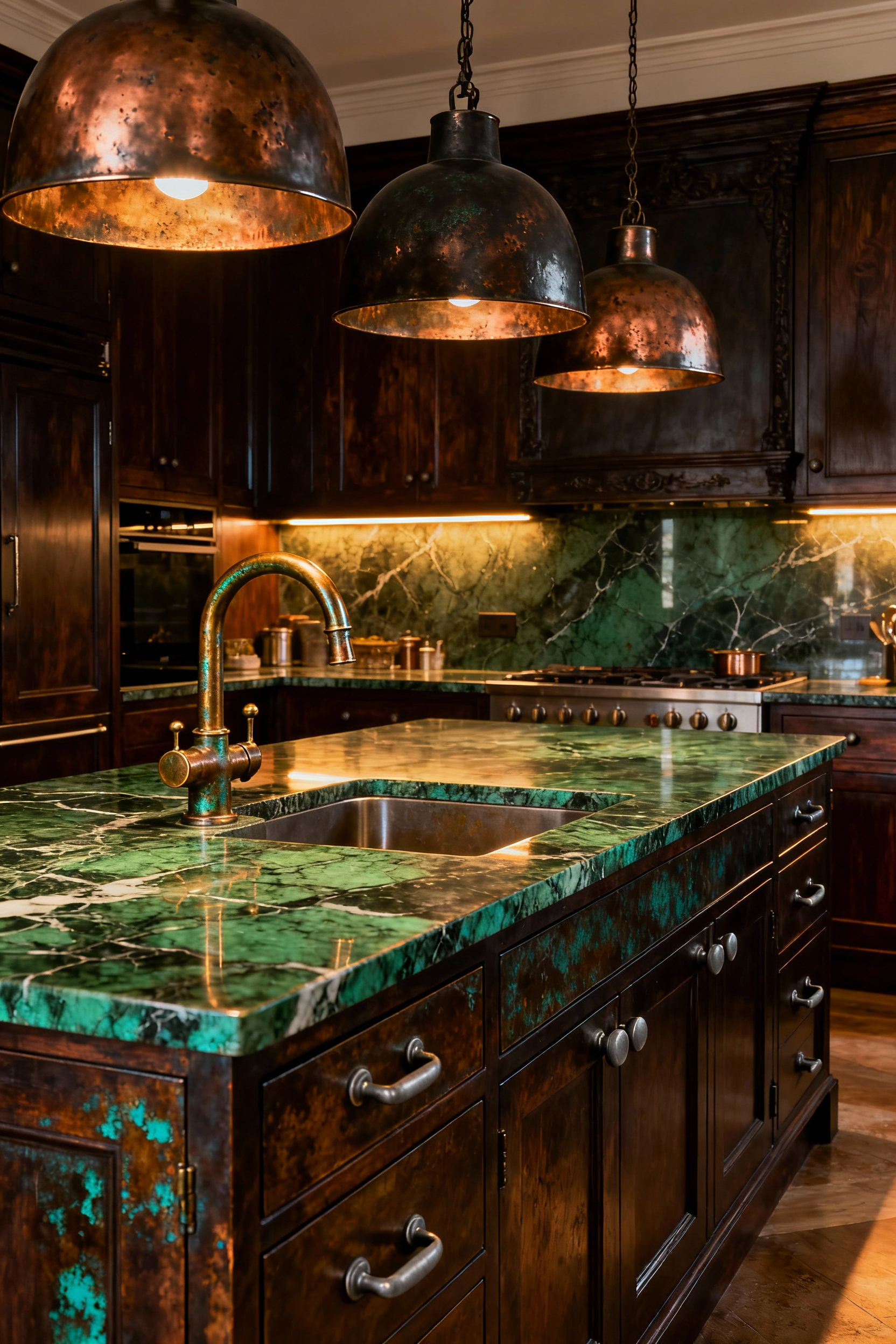High-end luxury kitchen featuring dark walnut cabinetry, a green marble island, and unlacquered brass bridge faucet hardware displaying a rich, lived-in dark patina.