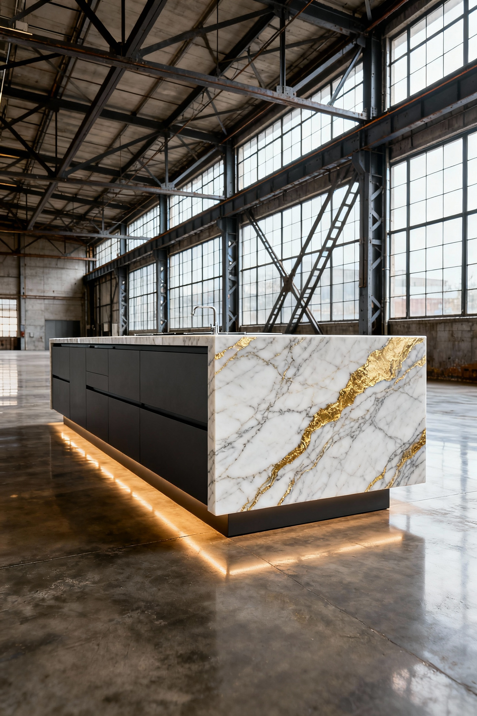 A luxury kitchen island featuring a dramatically veined Calacatta marble waterfall edge that uses precision bookmatching to ensure continuous flow of the pattern down the side panel, set against an industrial warehouse backdrop with exposed concrete and high ceilings.