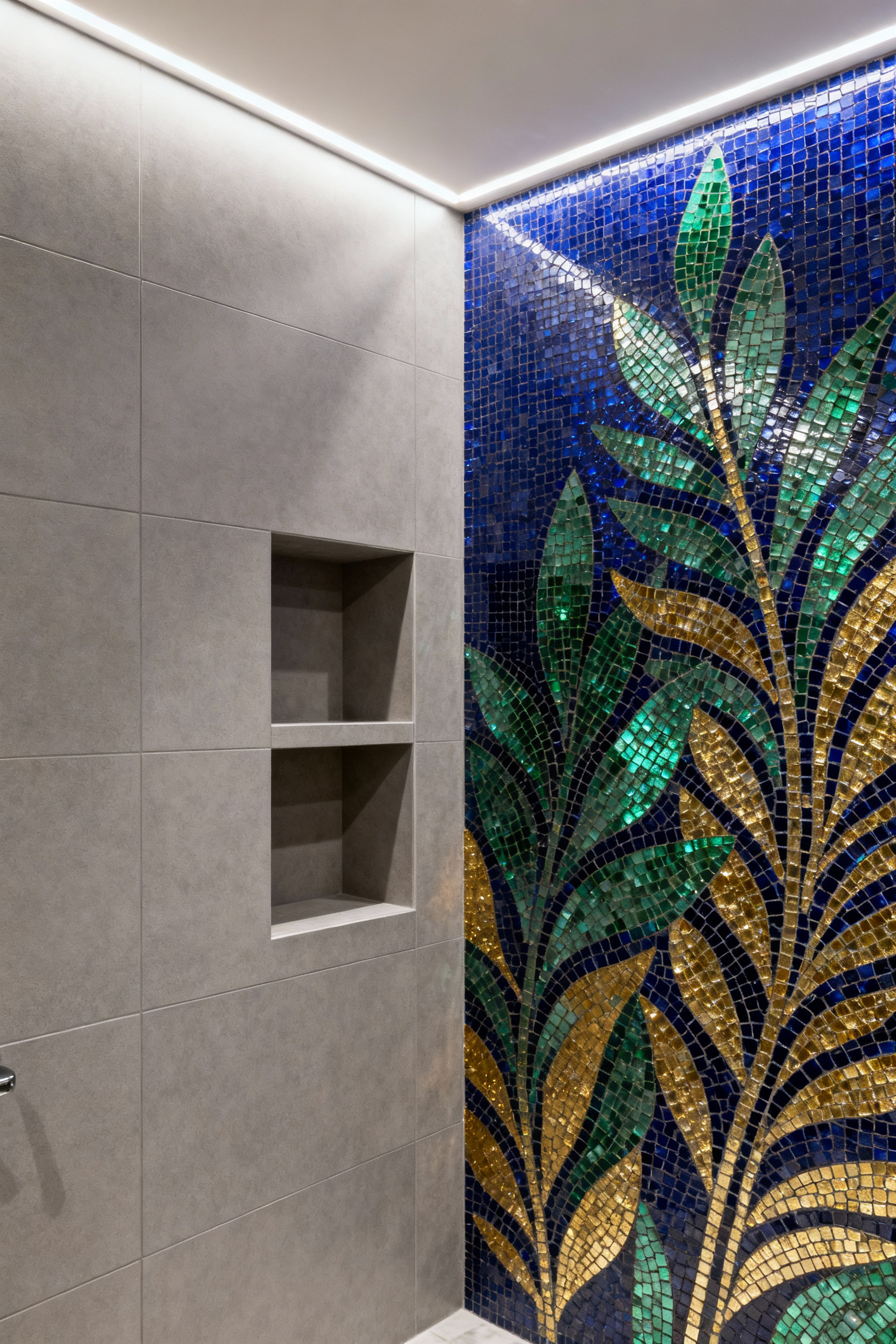 A modern walk-in shower featuring a recessed niche with an intricate mosaic mural in gold and sapphire tiles, dramatically lit by integrated LED lighting.