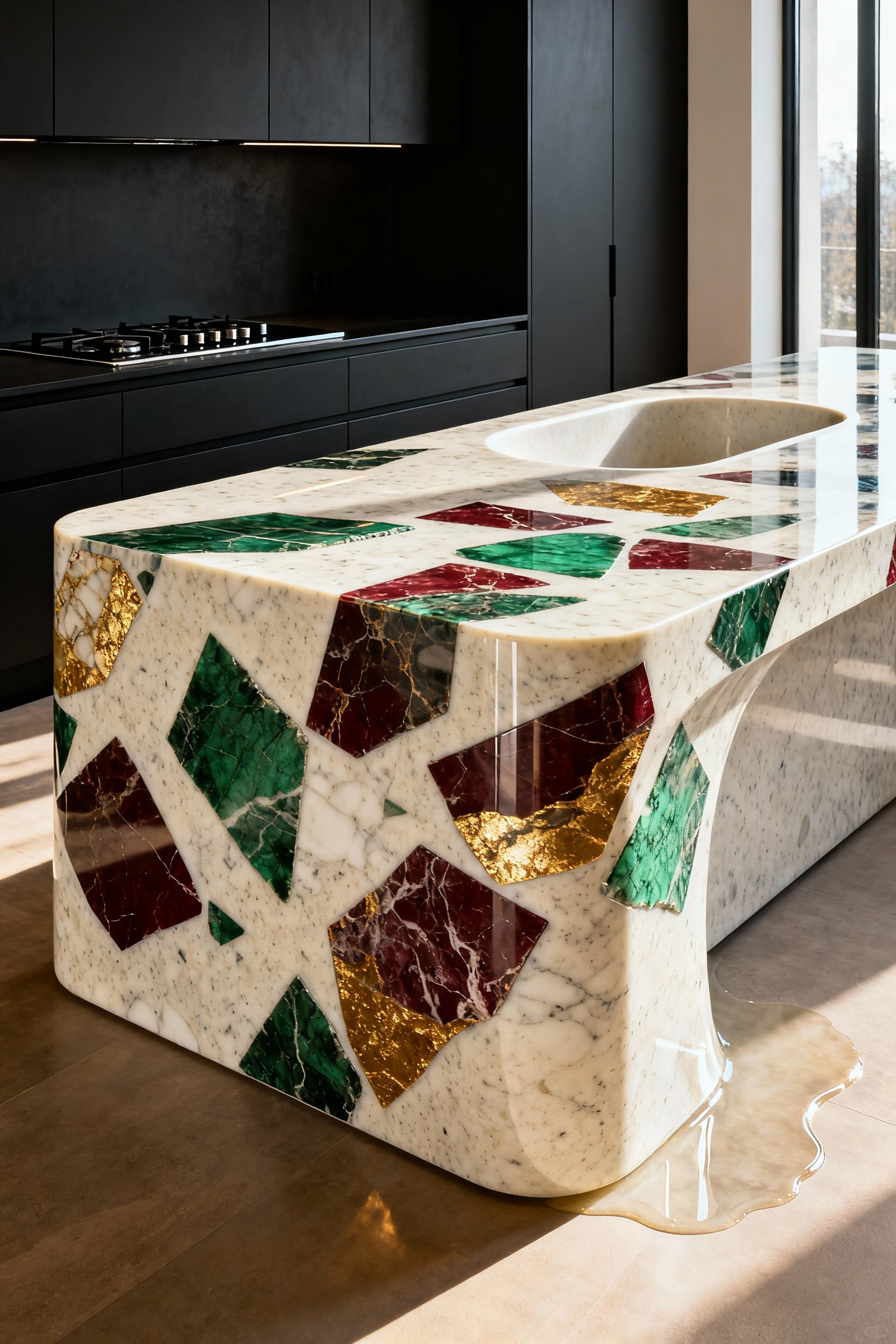 A wide view of a high-end modern kitchen anchored by a monolithic island made of Maxi aggregate Venetian Terrazzo, featuring seamless waterfall edges and an integrated curved trough sink.