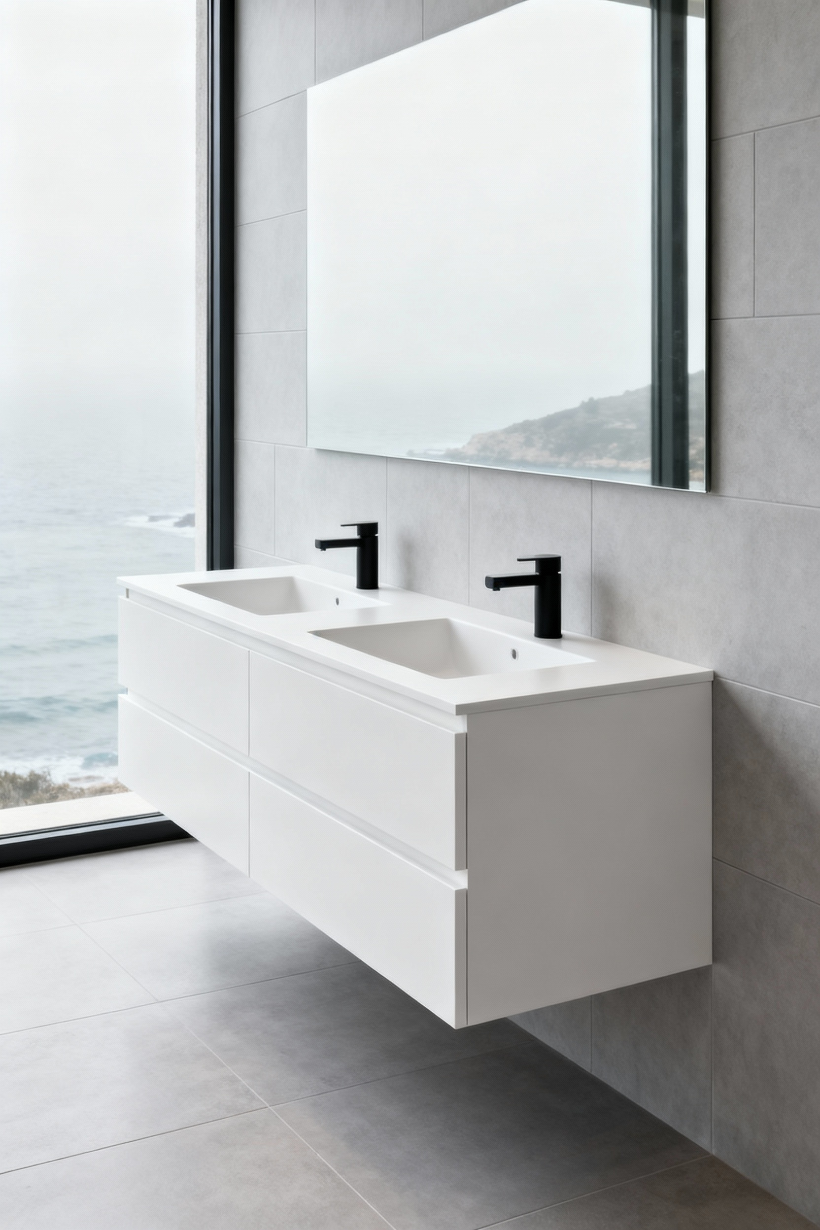 A modern, floating double white bathroom vanity made of marine-grade engineered wood, set in a luxurious, spa-like bathroom with large gray tiles, emphasizing structural integrity in a humid, coastal environment.