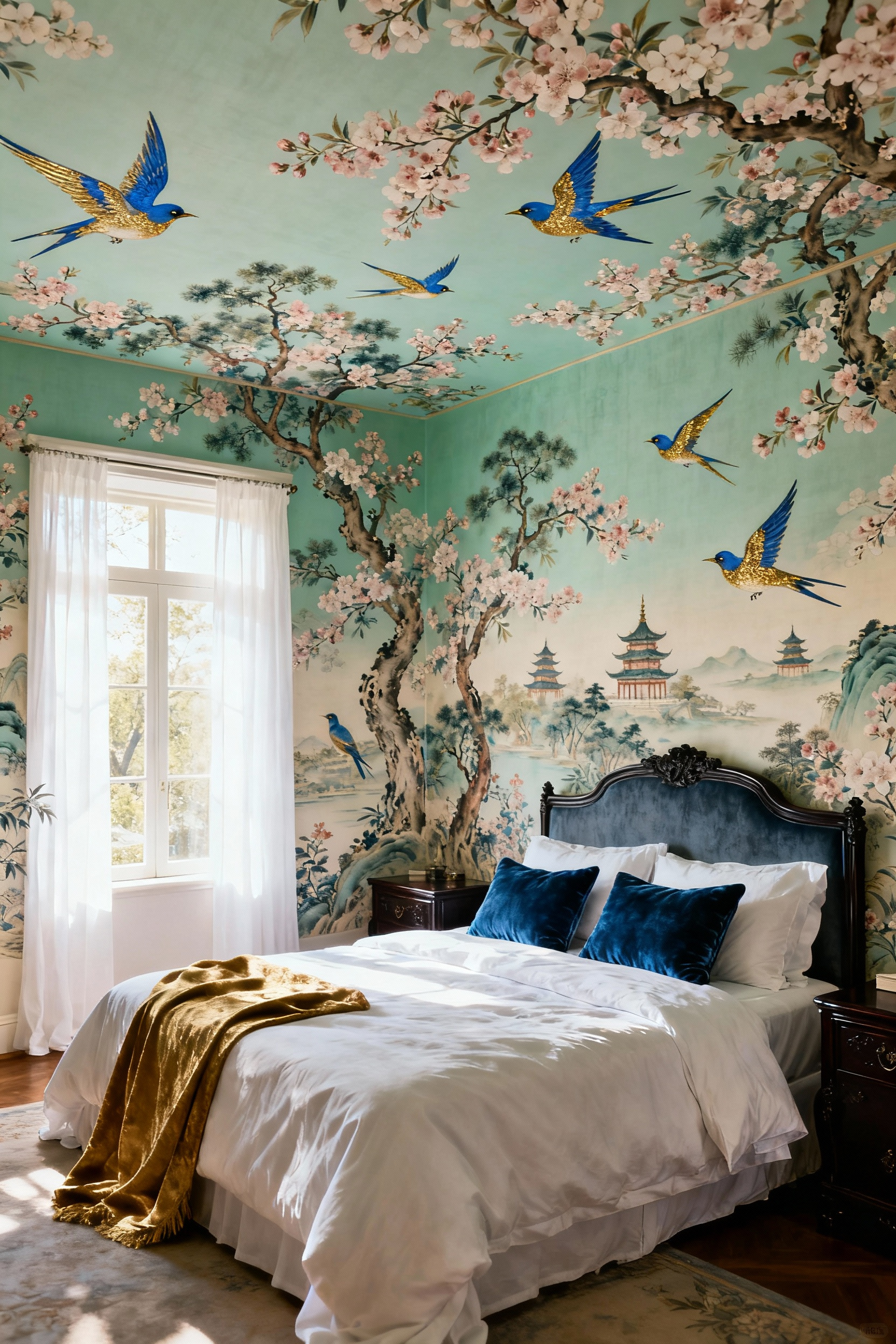 Panoramic view of a luxurious master bedroom featuring continuous, hand-painted Chinoiserie mural panels in celadon green and pink on silk.