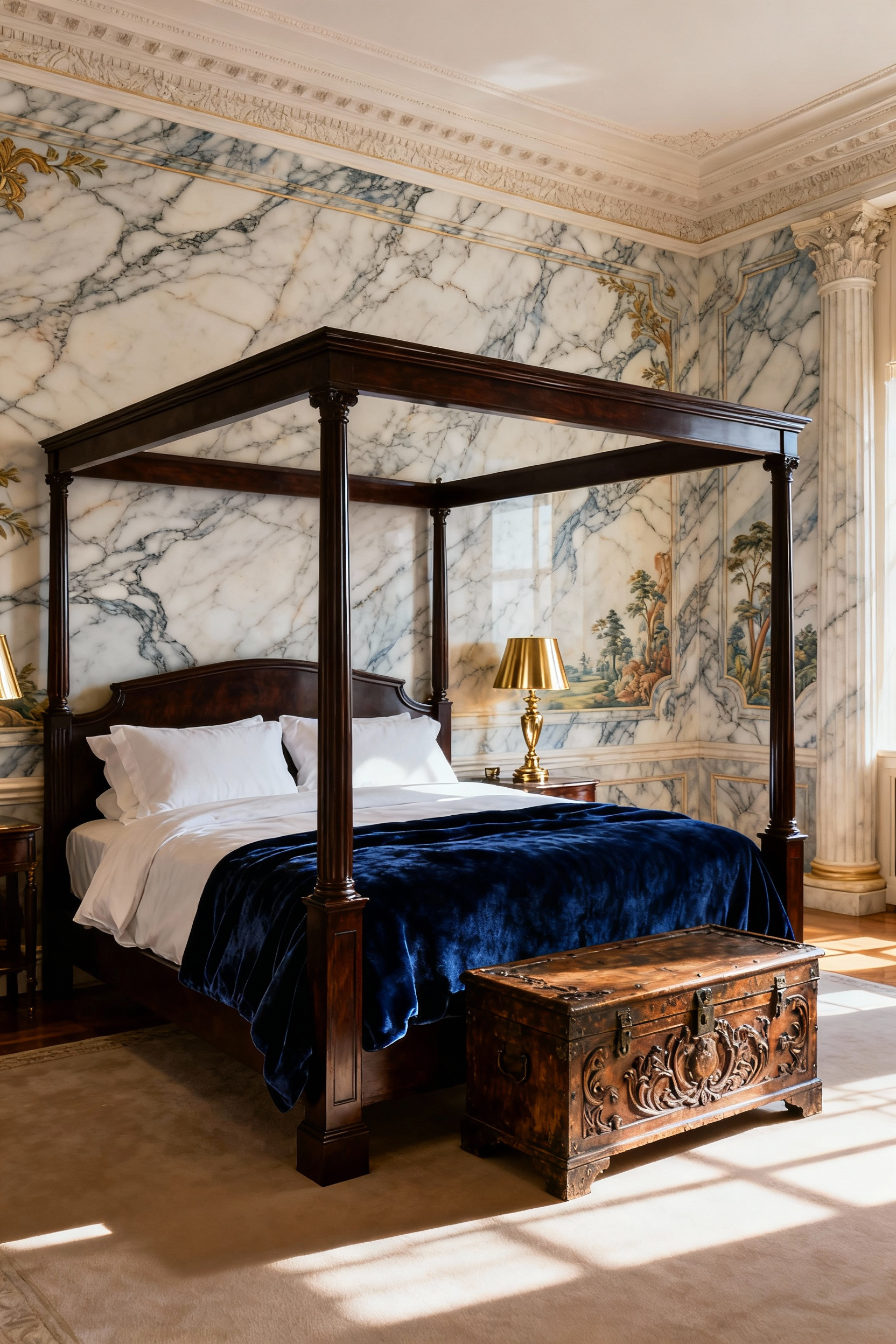 A luxurious master bedroom featuring a grand accent wall covered in high-definition faux Carrara marble wallpaper, utilizing trompe-l'oeil to achieve an expensive neoclassical look.