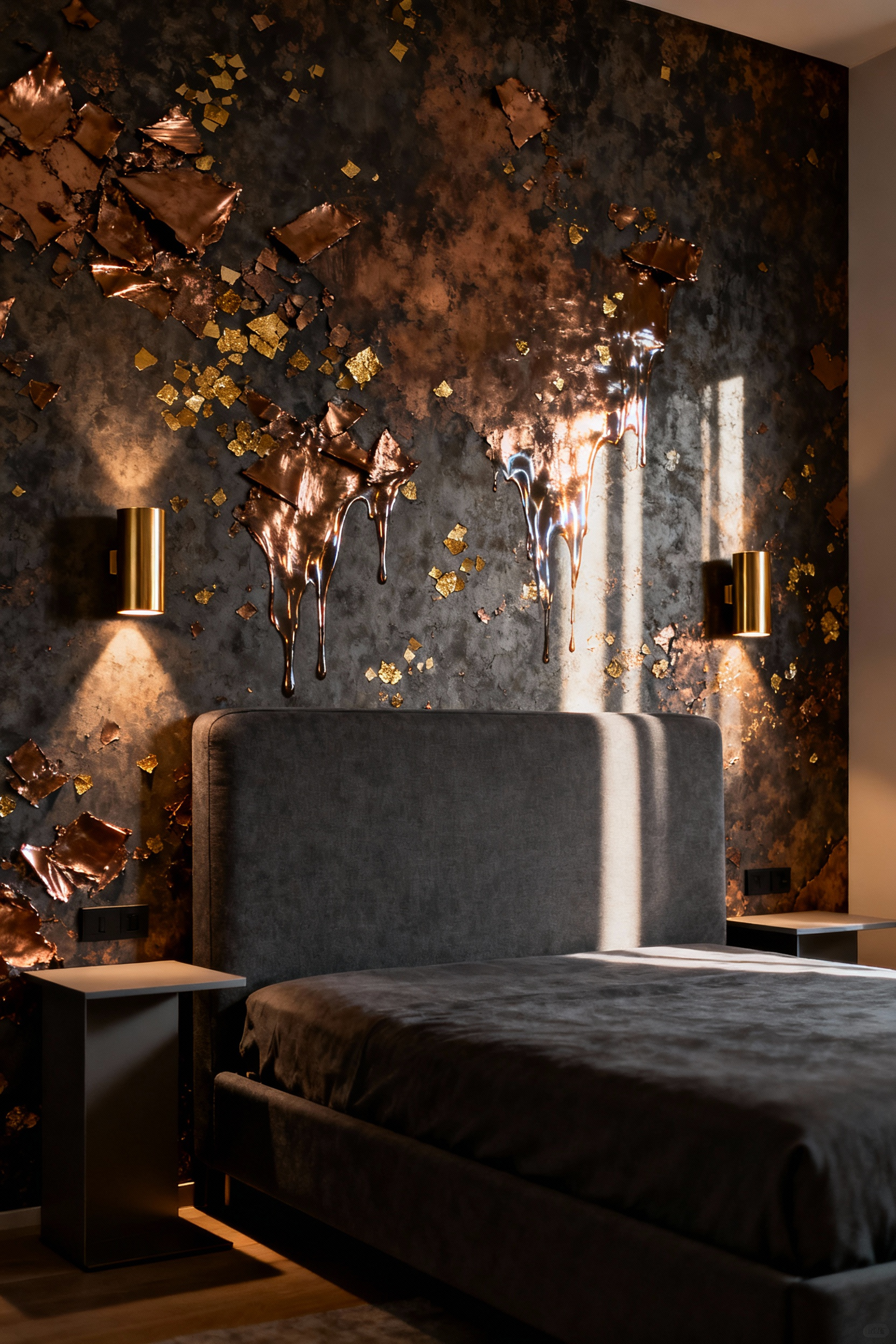 A master bedroom showing warm light from shade-less brass sconces reflecting dramatically off textured wallpaper infused with metallic mica particles, creating a luminous effect.