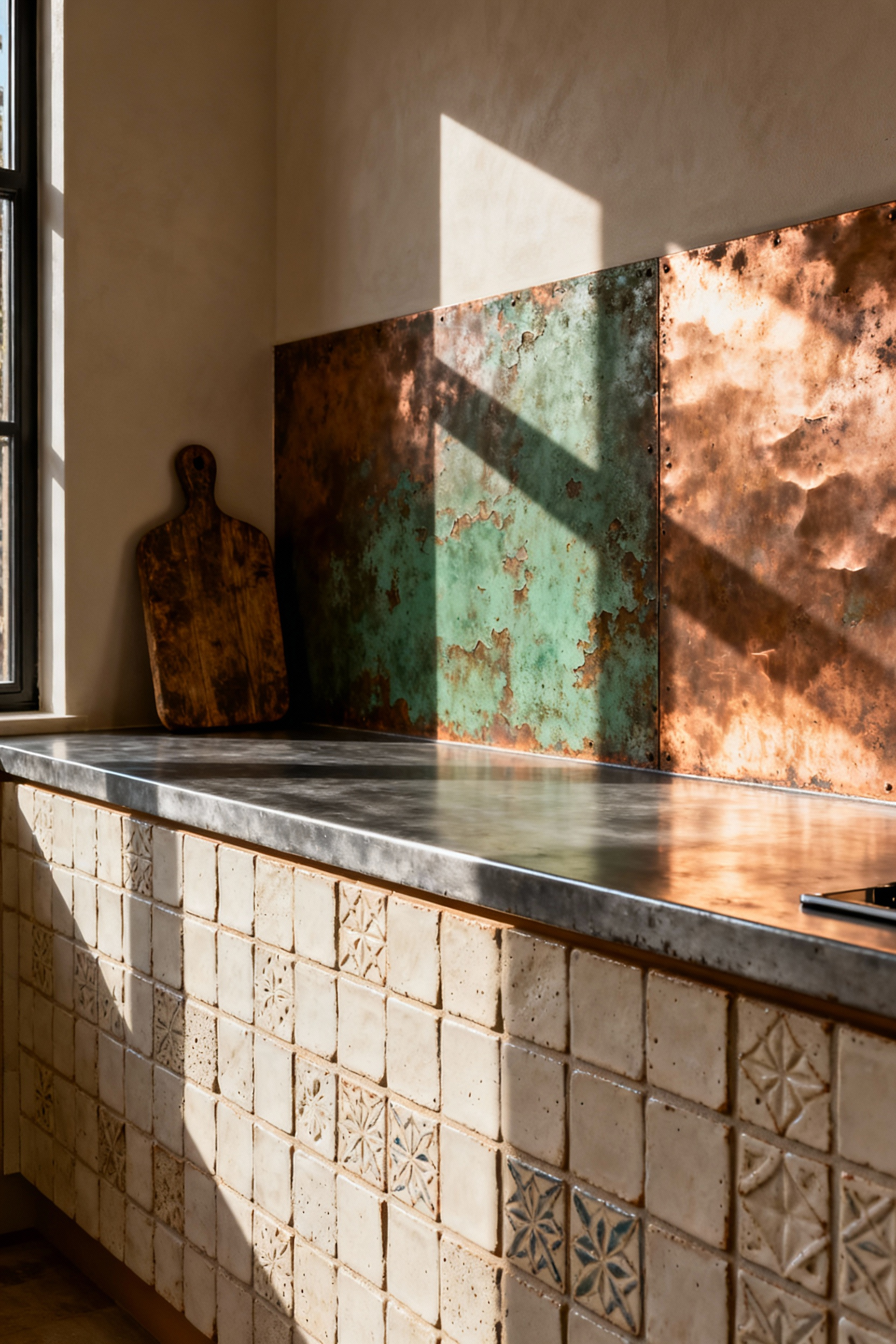 A modern kitchen backsplash featuring aged materials, including handmade Zellige tiles, a sheet of raw, oxidized copper patina, and a zinc countertop, symbolizing design longevity over fleeting trends.