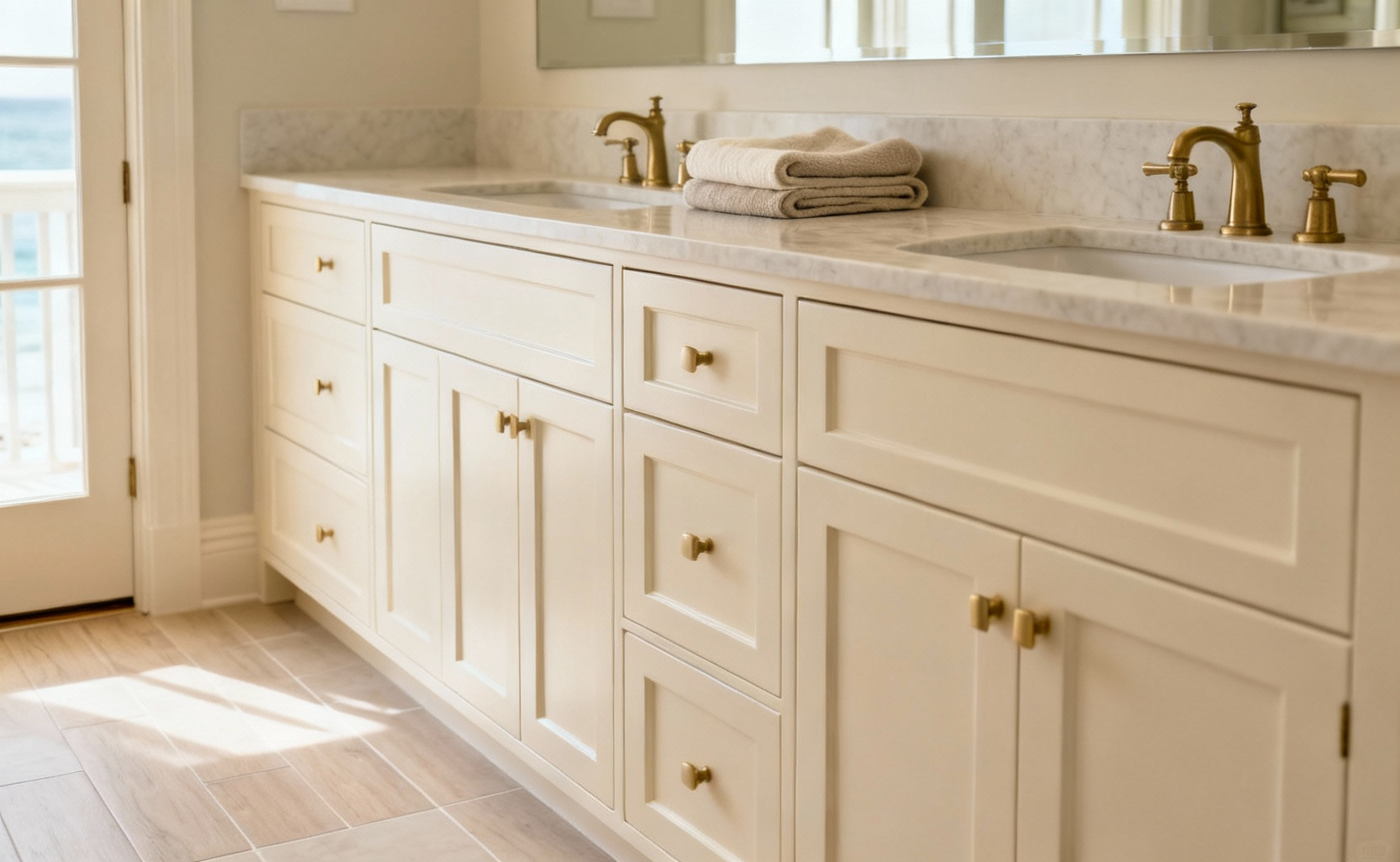 Matte finish, creamy white double vanity in a sunlit coastal bathroom, paired with light honed marble, showcasing a sophisticated, warm aesthetic free from high-gloss glare.